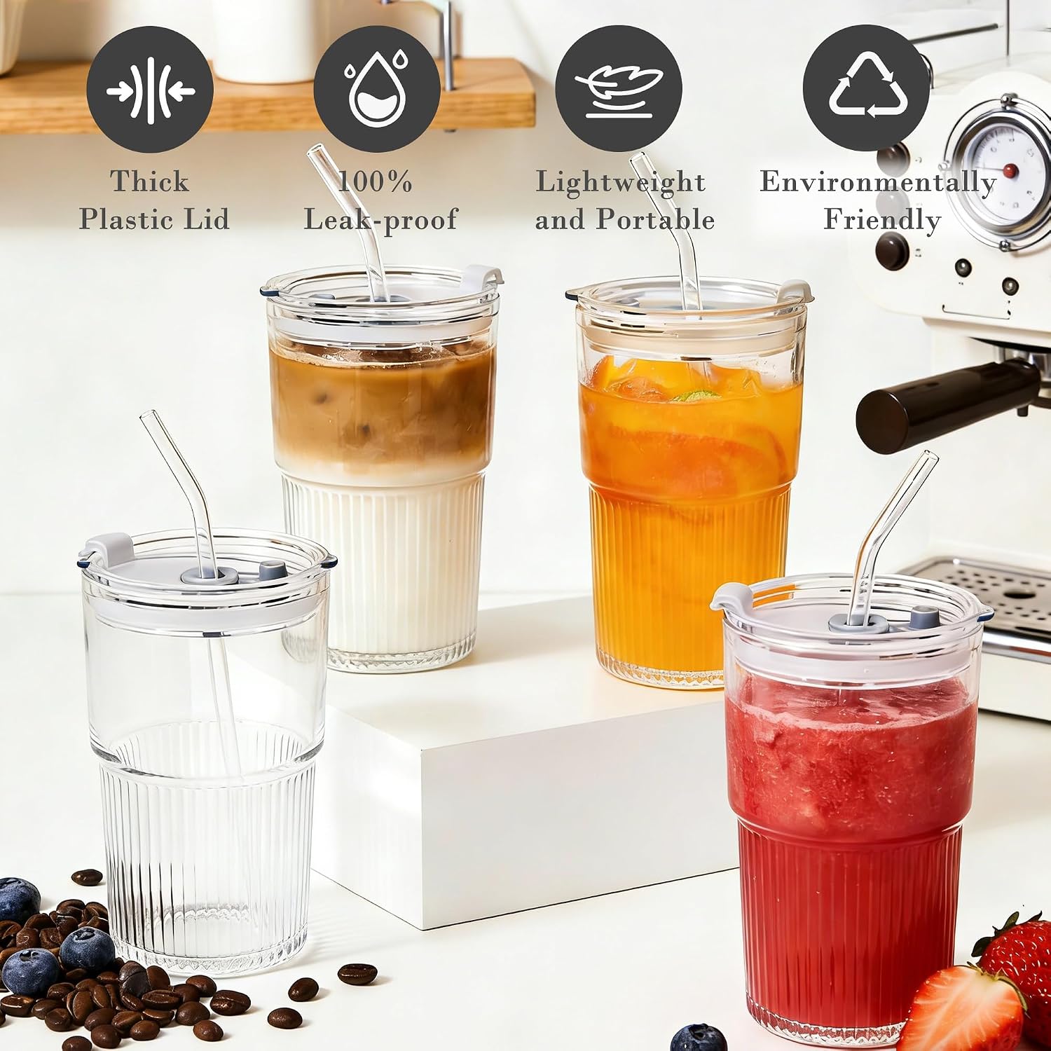Glass Tumbler with Straw and Lid 16 oz Ribbed Glass Cups Set of 4 | Clear Iced Coffee Cup with Plastic Lid, Cute Stackable Glassware for Cocktail Juice Matcha Smoothie Home Kitchen