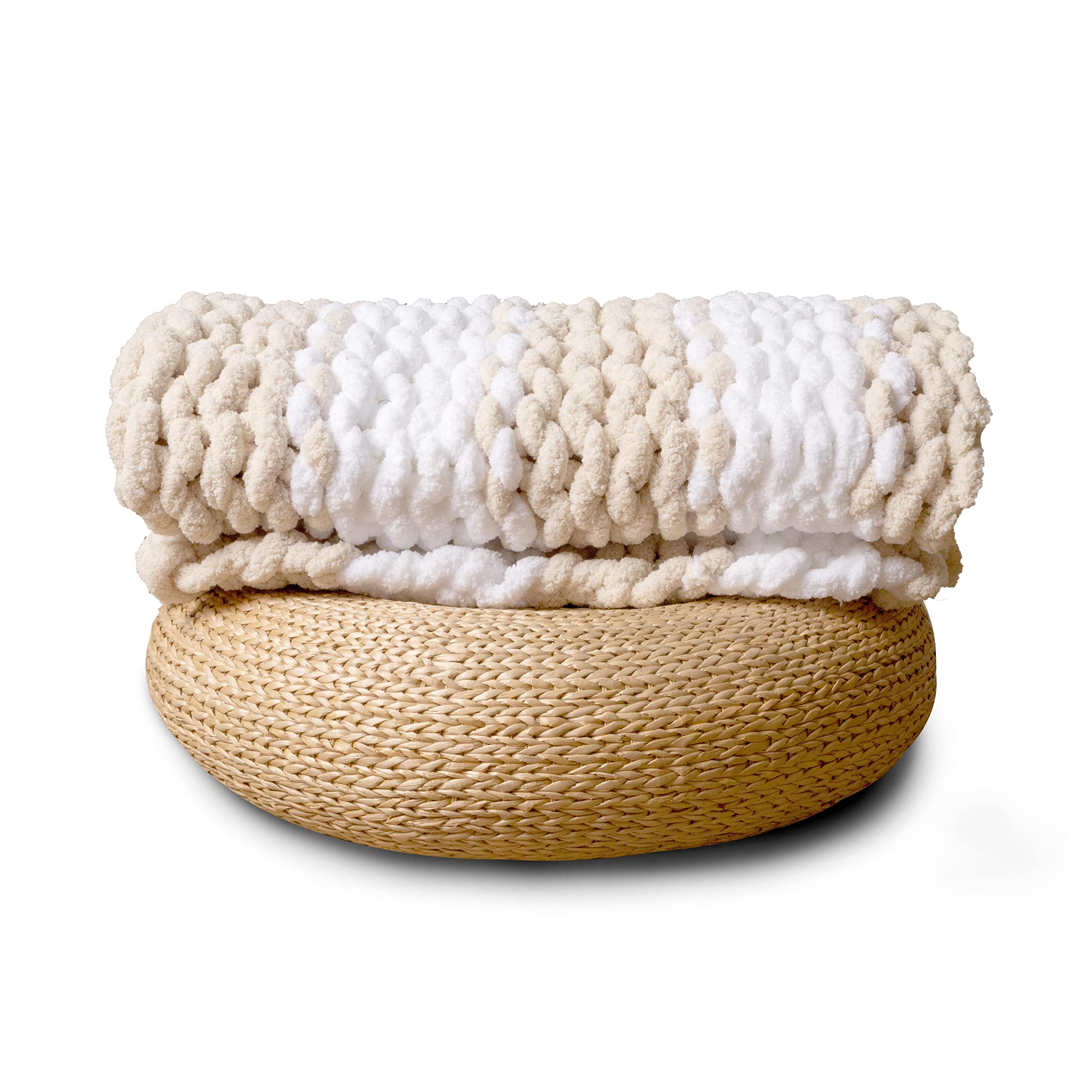 Adyrescia Chunky Knit Blanket Throw | 100% Hand Knit with Jumbo Chenille Yarn (50"x60", Oatmeal and White Stripes) โ image 1