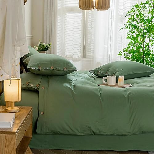Miniatura 7 de JELLYMONI Juego de funda de edredón verde 100% algodón lavado, 3 piezas de lujo suave juego de ropa de cama con cierre de botones. Funda nórdica con