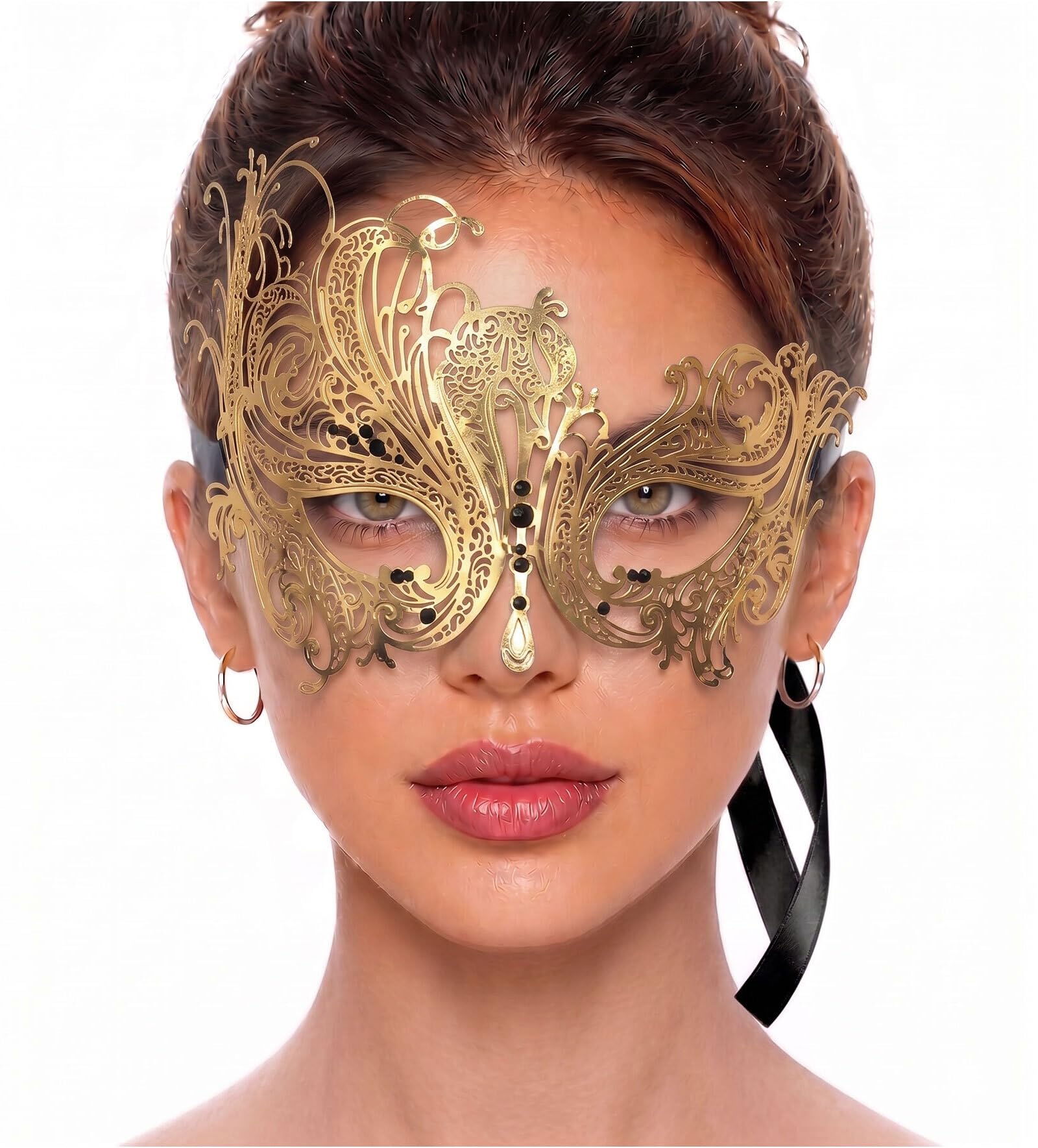 Metal Filigree Masquerade Mask for Women - Swan Style Mask with Rhinestones for Mardi Gras, Prom, Halloween & Venetian Party, Gold/Black Stones, One Size โ image 1