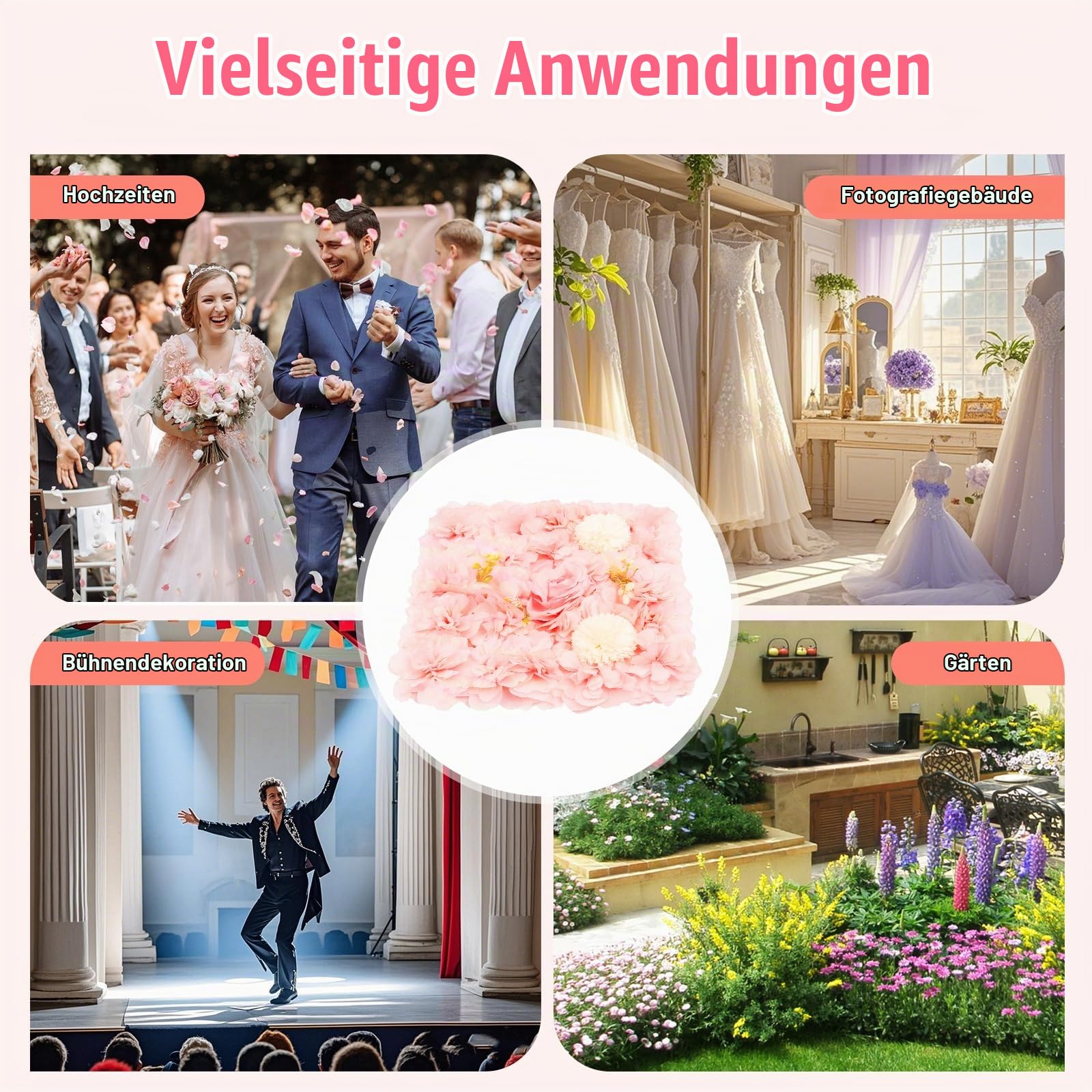 12 Stück Künstliche Blumen Wand aus Kunststoff und Seidengewebe, 3D Künstliche Blumen-Wandpaneel Rosen Deko Blumen, 38 x 38 cm Rosa Blumen Wand Dekor für Dekoration Hochzeit Party (5K)