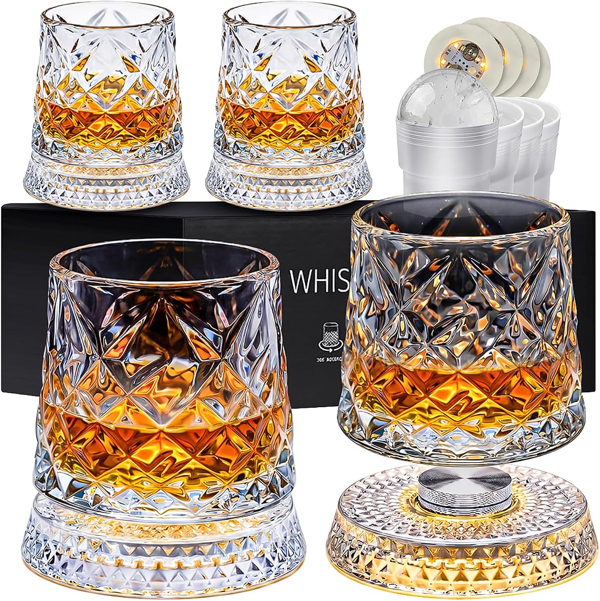 Spinning Whiskey Glasses Set of 4, 9.5oz Lead-Free Crystal Old Fashioned Rocks Glasses with 360° Rotating Bases, 4 LED Lights & Ice Ball Molds, for Bourbon, Scotch, Whiskey, Cocktails - Men Gift