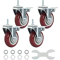 Vista 1 de Finnhomy Ruedas giratorias con vástago roscado de 4 pulgadas, juego de 4 ruedas resistentes de 3/8"-16 x 1 con freno, ruedas industriales de bloqueo