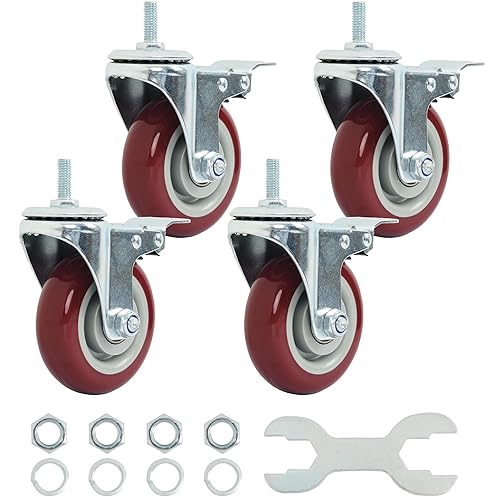 Finnhomy Ruedas giratorias de 4 pulgadas, juego de 4 ruedas de vástago roscado de alta resistencia de 38"-16" x 1" con freno de poliuretano ruedas
