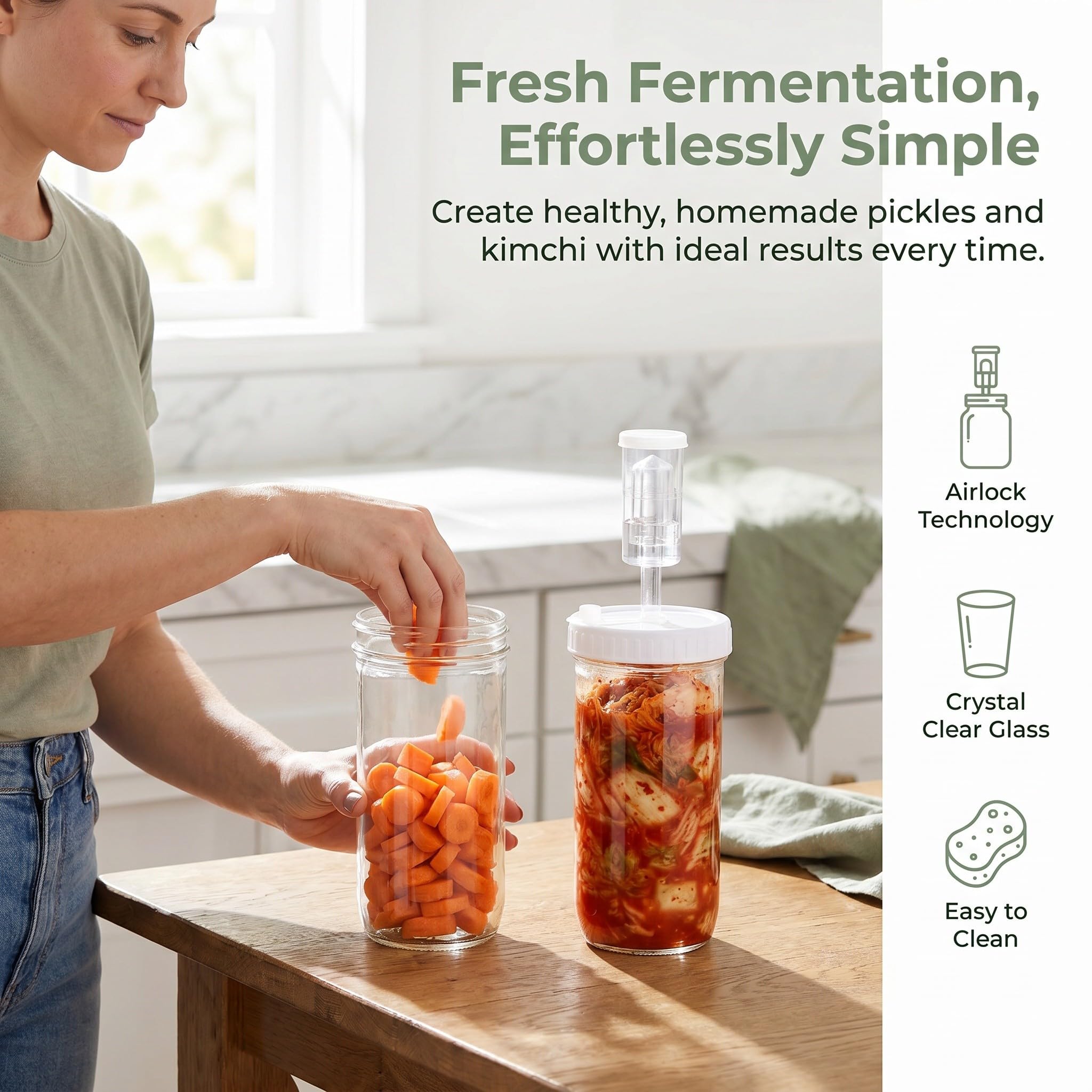OUNONA 2 frascos de Vidrio para encurtidos con Tapa hermética y Cierre de Aire - Frasco de fermentación de Boca Ancha de 710 ml - para fermentar Verduras en la Cocina y Preparar chucrut casero de