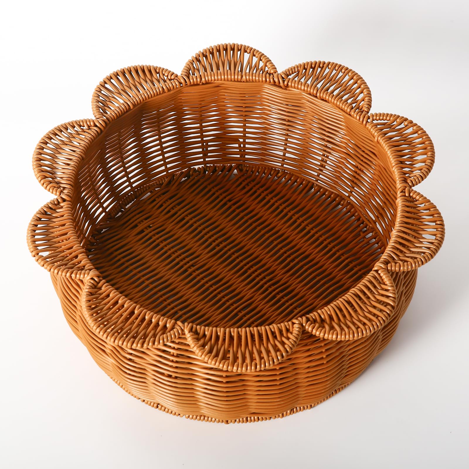Scalloped basket,Scalloped Edge Round Serving Tray,Round Wicker Basket with handles,Hand Woven Imitation Rattan Basket,round woven tray for Coffee Table,Bathroom,Bedroom Organizing (A)
