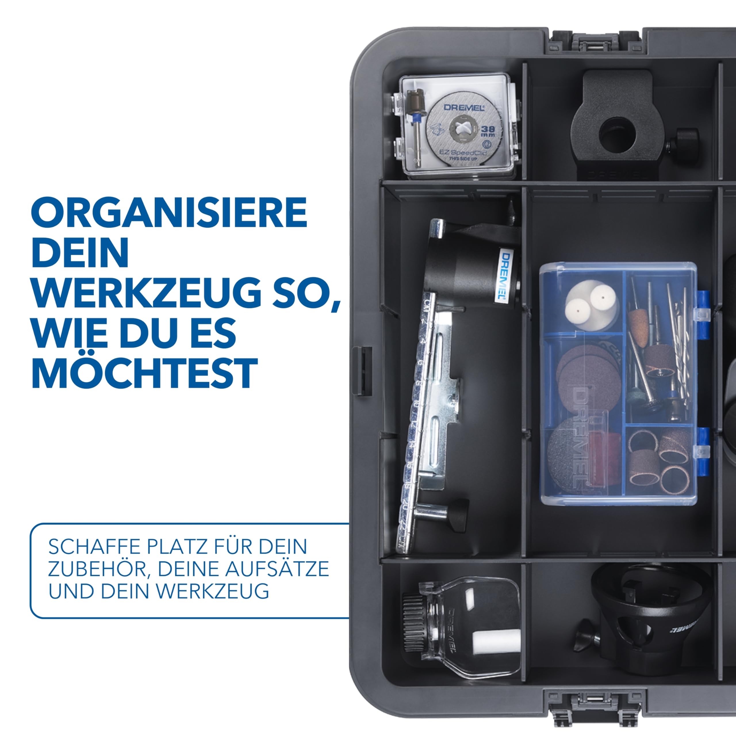 Dremel Box zur Werkzeugaufbewahrung mit 6 Trennwänden und Zubehörhalter, individuell anpassbarer Organizer für Multitool-Zubehör, Kleinteile, kompaktes & stapelbares Aufbewahrungssystem