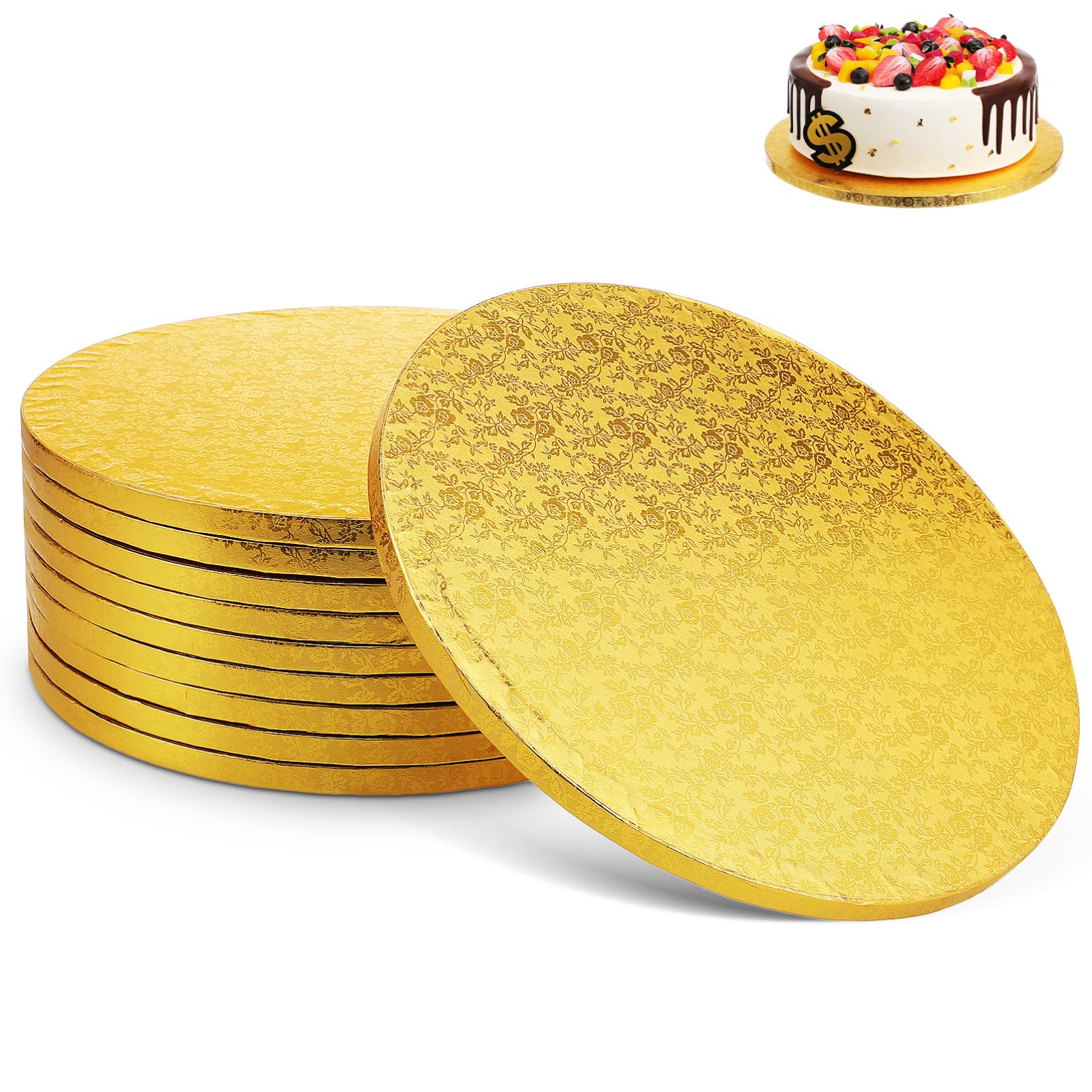 Ciieeo Plateaux à Gâteaux Ronds Support Stable et Transport Sécurisé Lot de 10 en Carton Ondulé Doré pour Anniversaires et Réunions