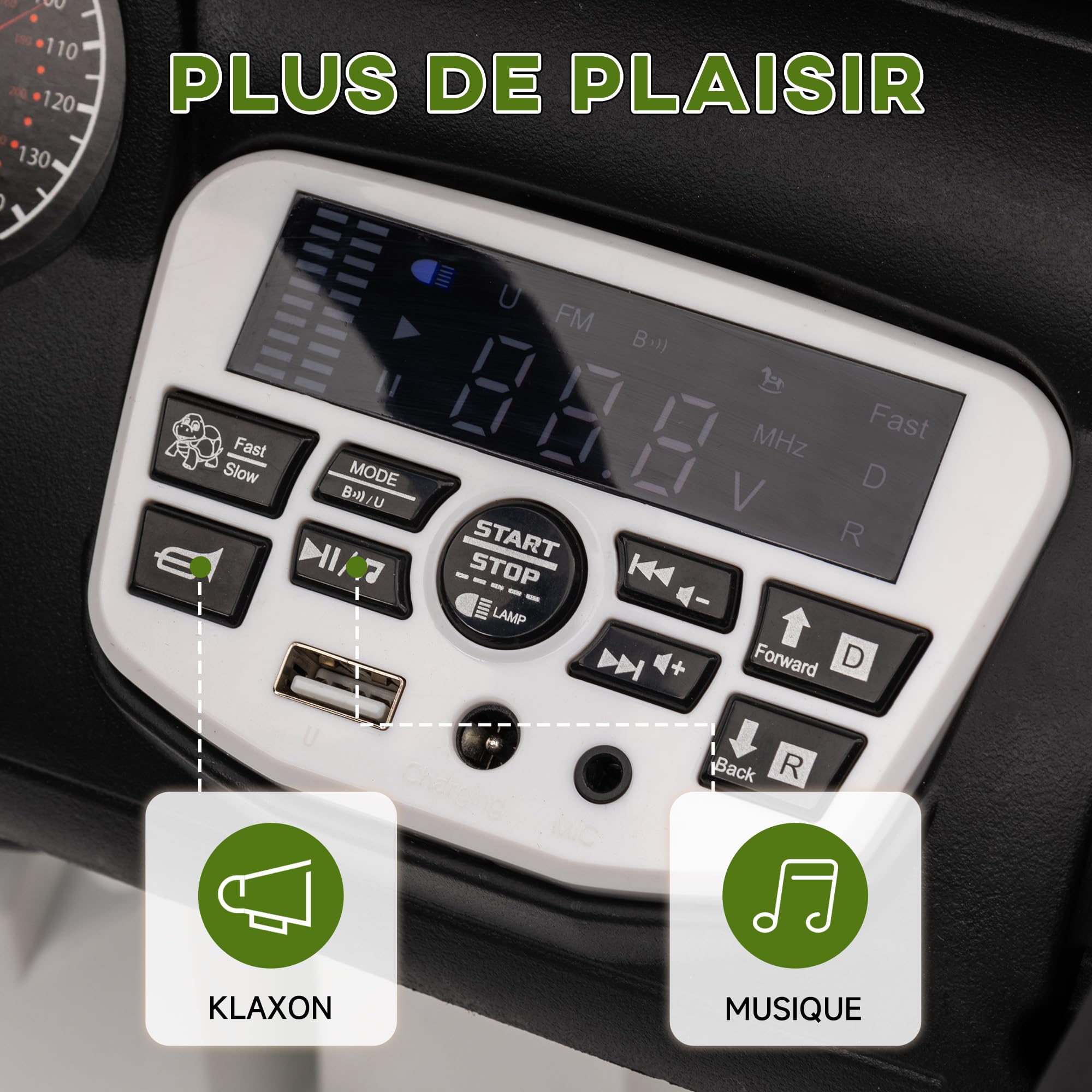 AIYAPLAY Samochód elektryczny dla dzieci UTV 3 prędkości 2 silniki 12 V zielony | Elektryczny buggy dla dzieci 3-5 lat, pilot 2,4G, muzyka, klakson, światła LED, powolny start, wiszące koła