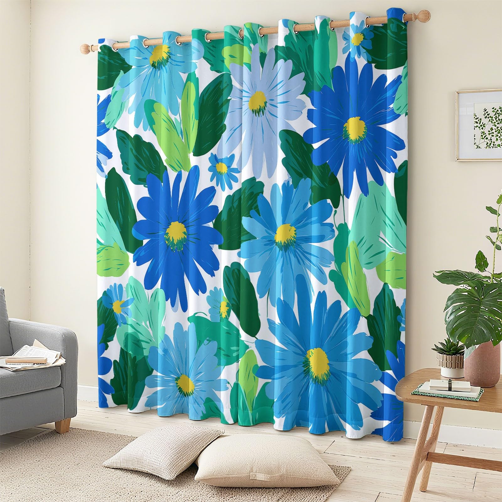 Bezszwowe kwiaty malowane olejnie zasłony na prezent do nowego domu 140 x 300 cm niebieski - eleganckie i praktyczne zasłony zaciemniające, zestaw 2 paneli idealny na ślub, urodziny lub przeprowadzkę