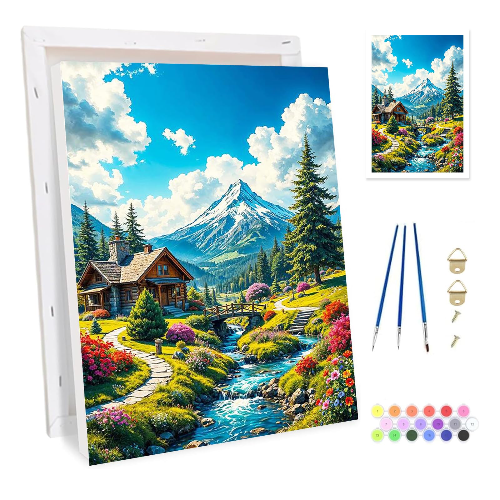 Bowetile Framed Village Paint by Numbers for Adults,Landscape Painting by Numbers Kit for Adults Beginners Canvas Kit, DIY Color Oil Painting Acrylic Paints for Home Wall Decor 20x30cm