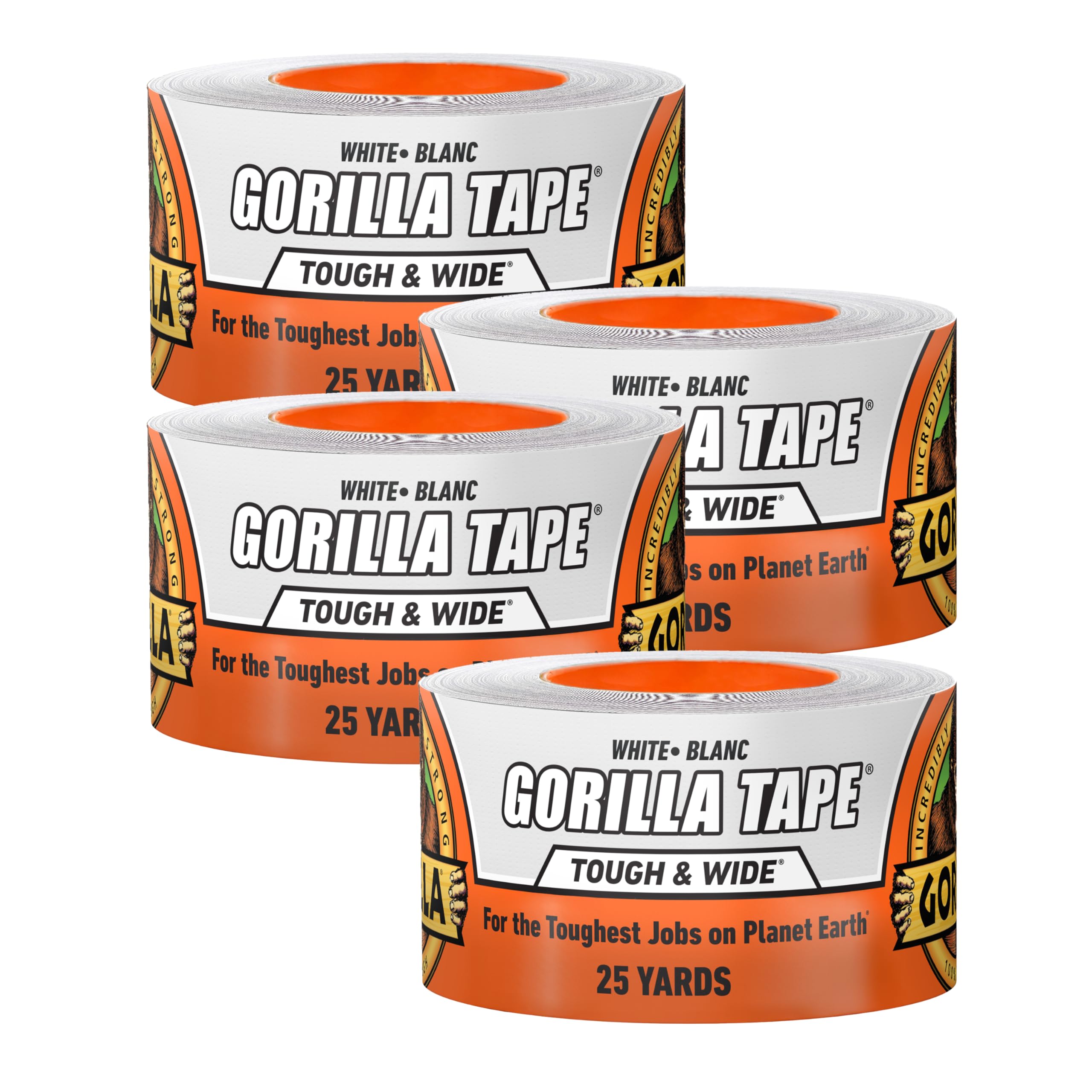 Gorilla Tough & Wide Duct Tape, 2.88" x 25 yd, White, (Pack of 4)