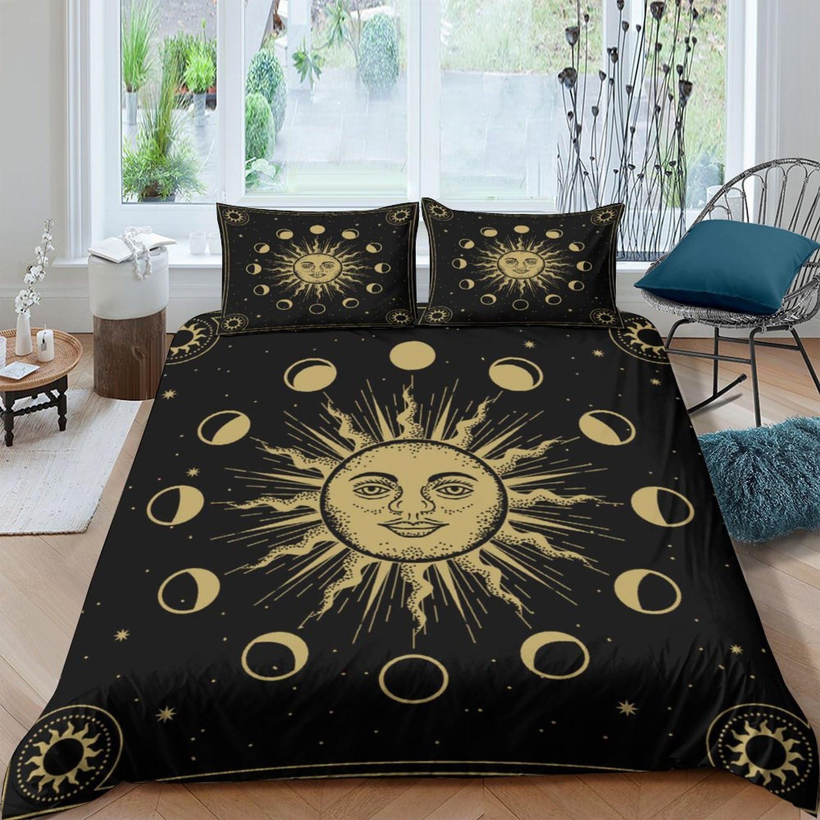 GPLZQXKJNH 3D Printed Sun Moon Phases Duvet Cover Microfiber Soft Black Bedding Set with 2 Pillowcases for Bedroom Decor Single（135x200cm）