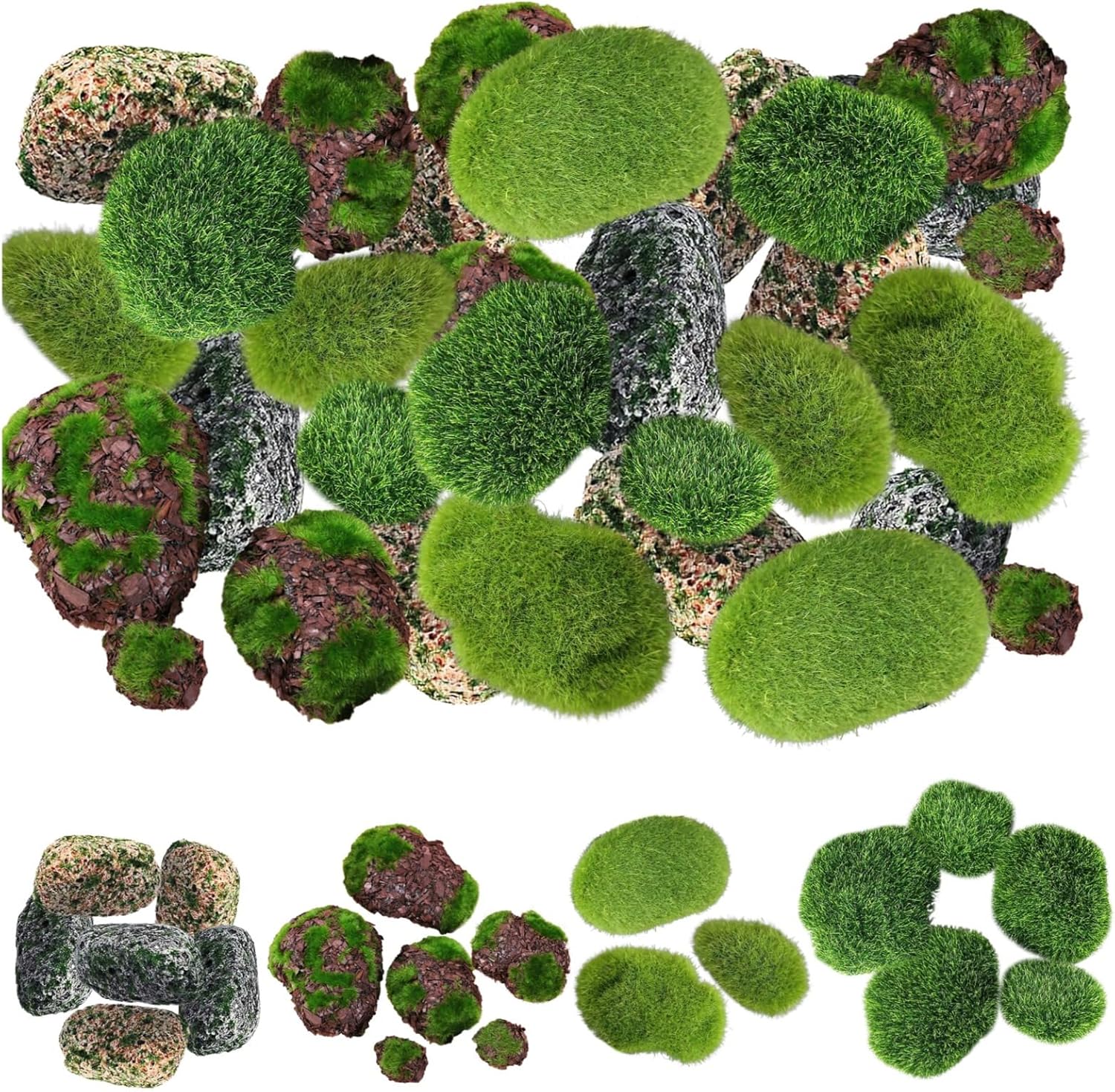 100 Pcs Artificial Green Moss Rocks, Foam Flocked Stones in Mixed Sizes for Aquarium, Terrarium, Garden Decor, DIY Crafts