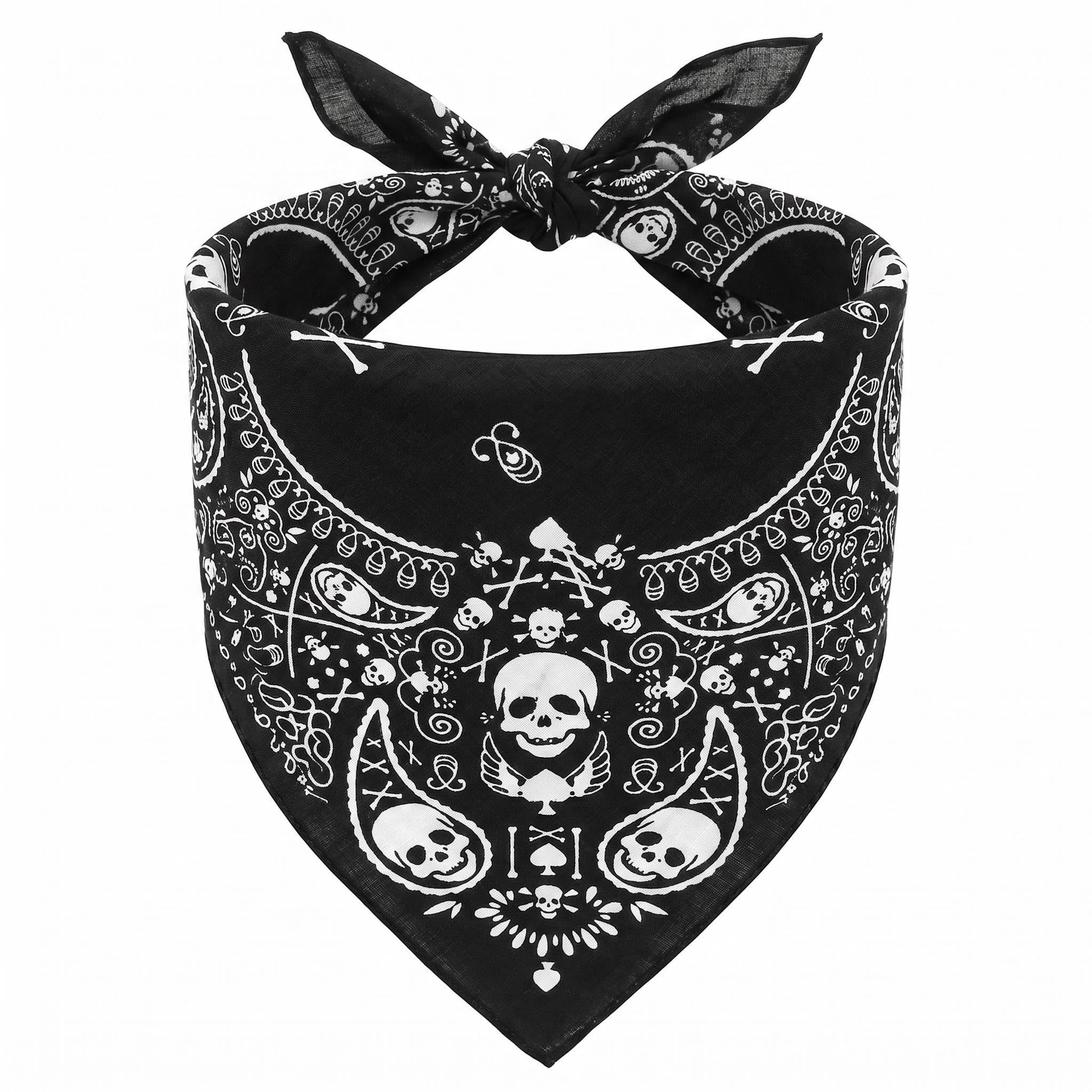 Hajzyang Skull Black Bandana Scarf for Men and Women,Double-Sided White Skull Pattern,Halloween Pirate-style Head Scarf,Pirate Accessories Cotton Neck Scarf,for Halloween Costume Accessory