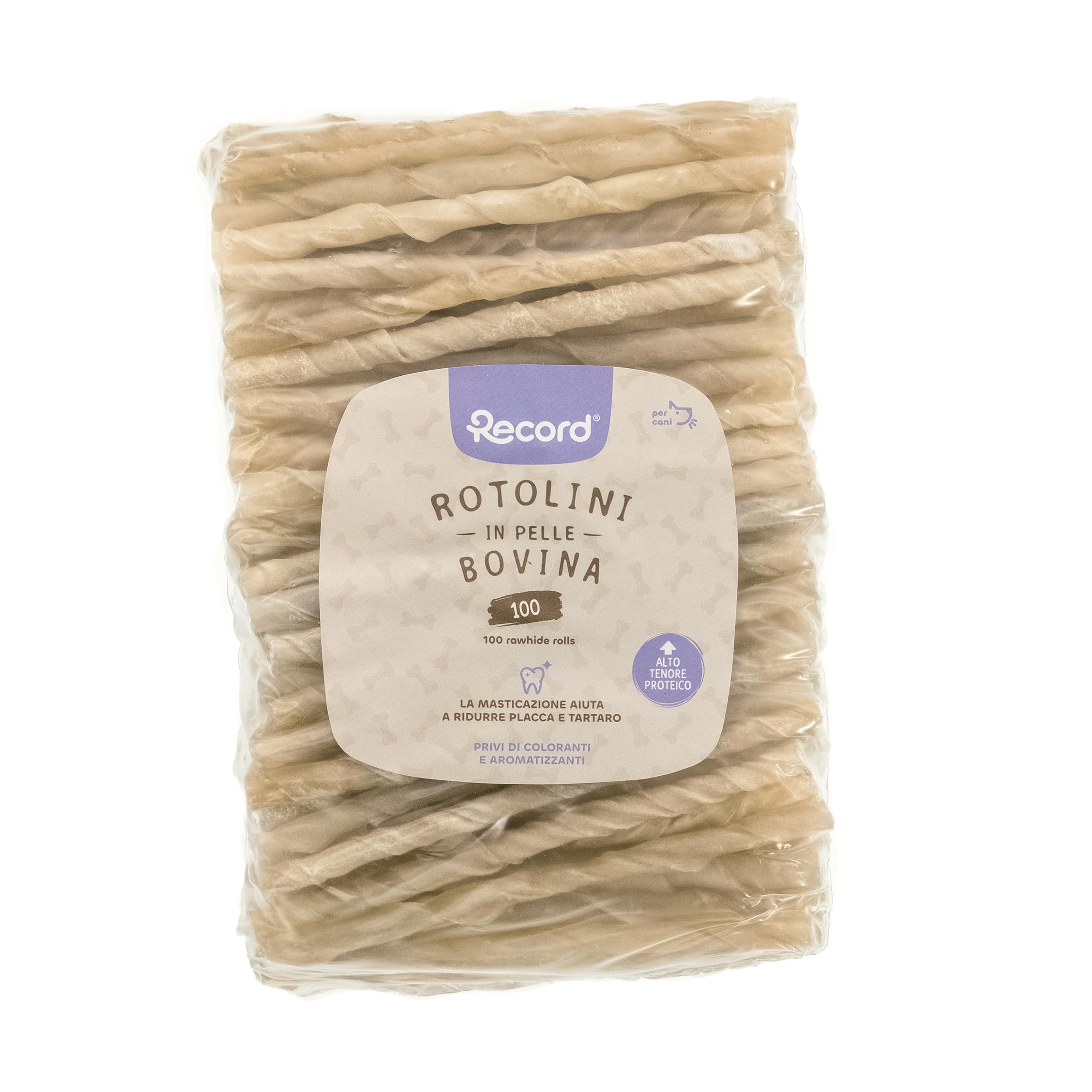 Rotolini di ossa termoretratte in pelle bovina da masticare per cani 100 rotolini medi?
