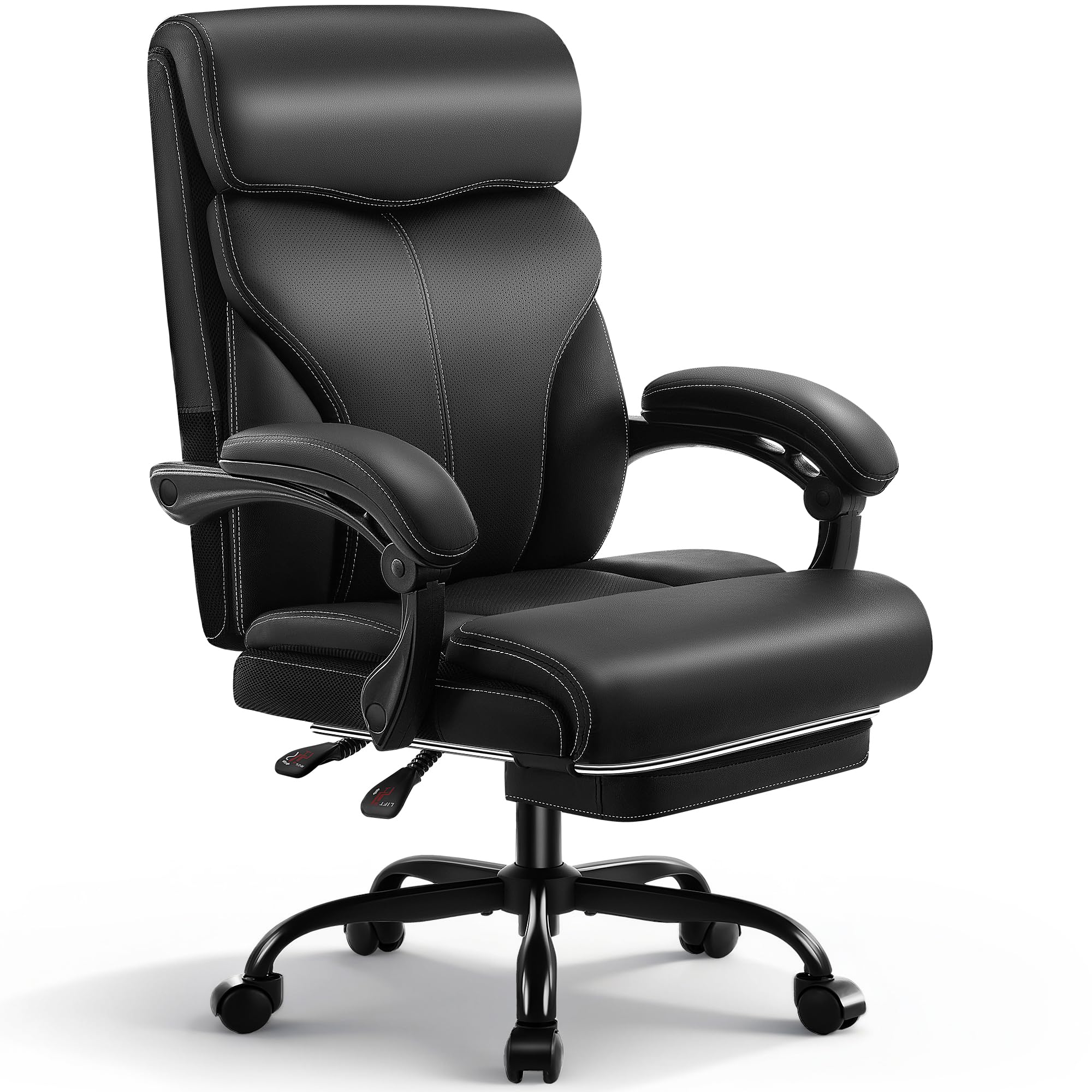 Ergonomischer Chefsessel mit Fußstütze bis 180 kg, Schwarz | Kunstlederbezug, verstellbare Armlehnen, hohe Rückenlehne, Liegefunktion, ideal für Büro & Homeoffice