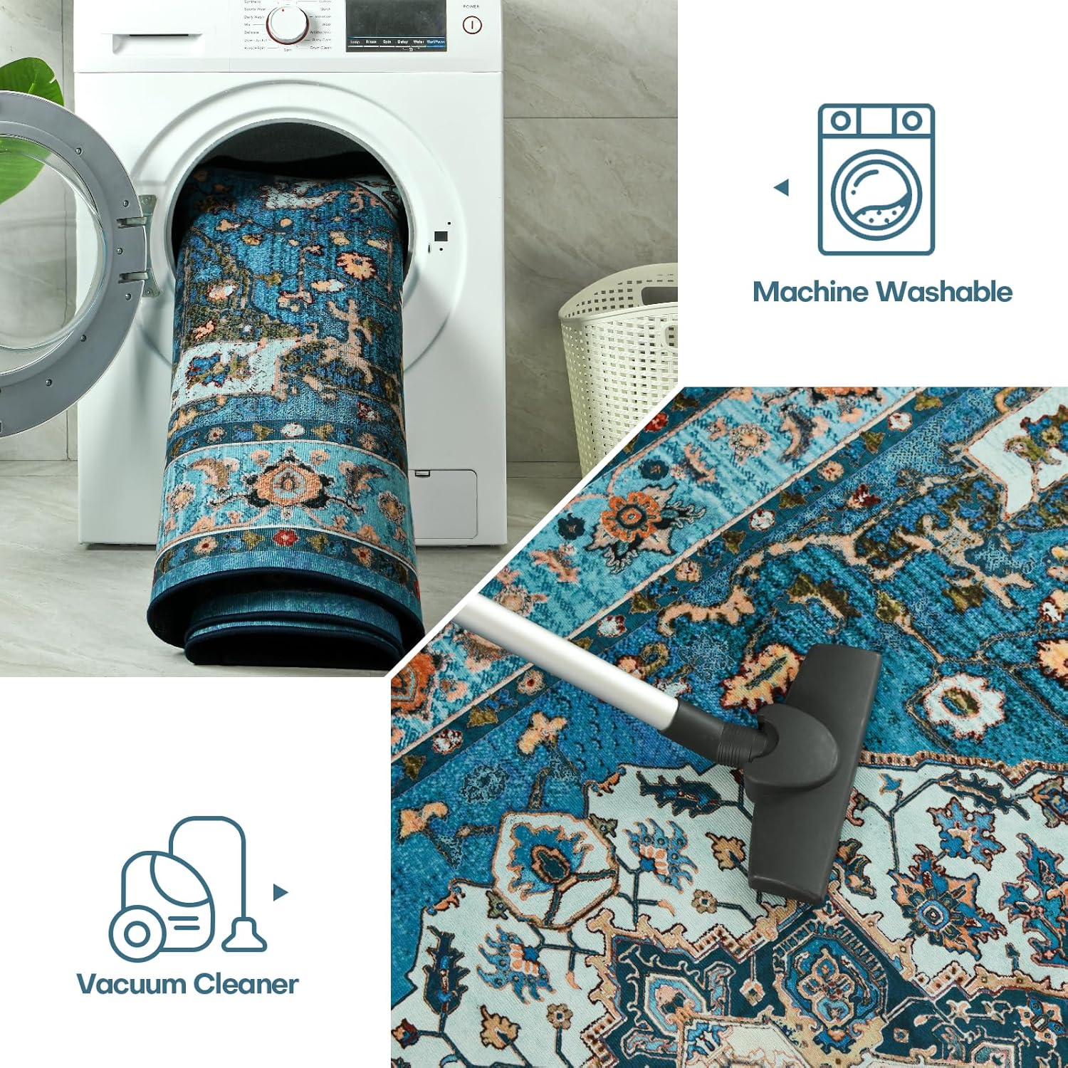 YJ.GWL Area Rug for Living Room, 4x6 Machine Washable Boho Rug for Bedroom, Low Pile Lightweight Thin Rugs Floral Vintage Distress Print Pattern Carpet for Dining Room, Blue/Multi