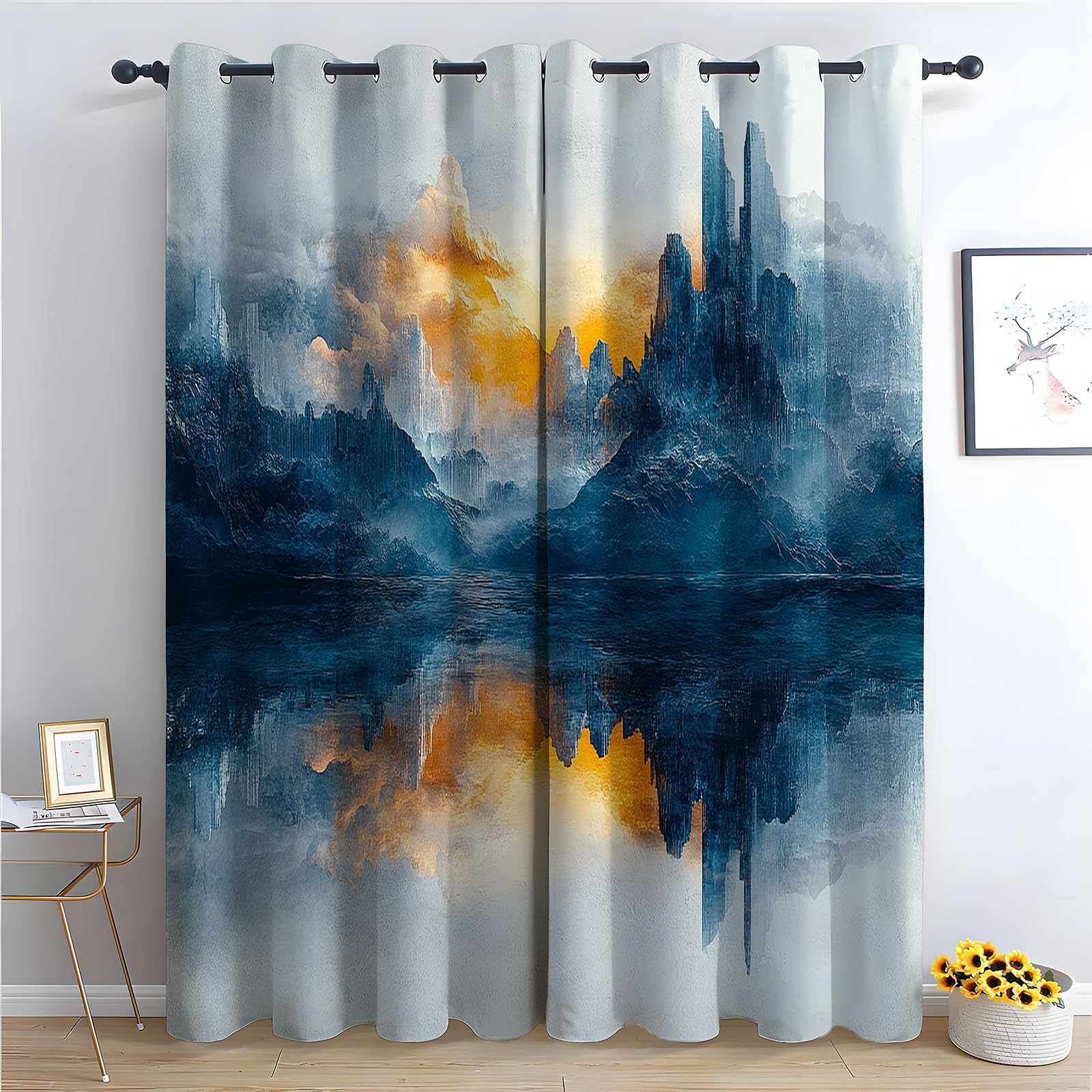 Rideaux opaques montagne bleu et orange H180 x L140 cm pour salon et chambre
