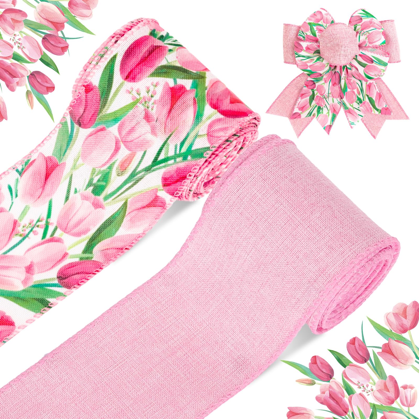 FYSUIMU 2 Rolls Tulip Wired Edge Ribbons 2.5 Inch Pink Watercolor Flower Craft Ribbon Spring Mother's Day Fabric Wrapping Ribbon for Bow Wreath Party