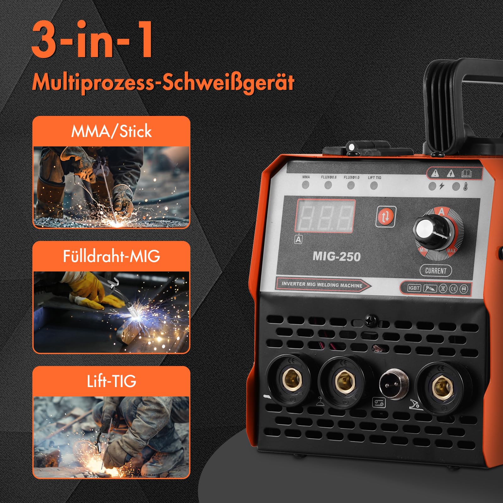 3-In-1 Fülldraht Schweißgerät MIG Schweißgerät mit ARC/Flux MIG/MMA Lift WIG, Fülldrahtschweißen 0,8 mm&1 mm, mit Synergischem Drahtvorschub, IGBT Inverter Schweissgerät LED-Anzeige