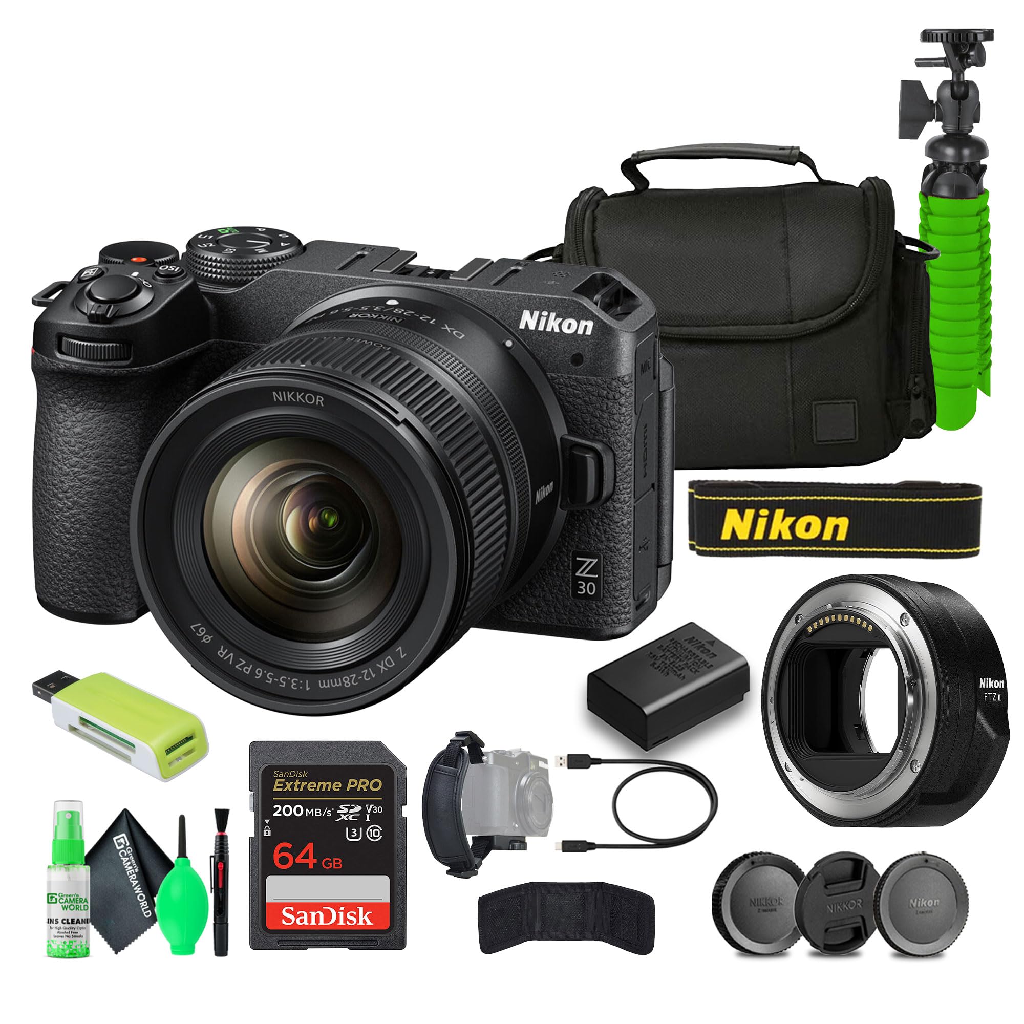 Nikon Z30 Lightweight Mirrorless Camera with 12-28mm Zoom Lens + Memory Card Wallet + Extreme PRO 64GB Card + 12 Inch Tripod FTZ II Mount Adapter + More