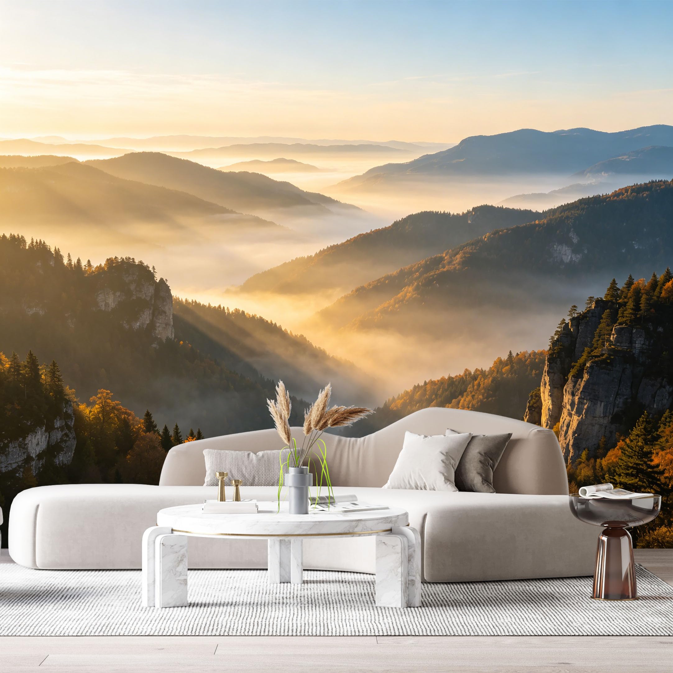 Custom Size Wall Murals Sunrise Mountain Landscape Misty Valley Forest Peaks SelfAdhesive Wall Fabric Removable Large Wallpaper for Photo Living Room