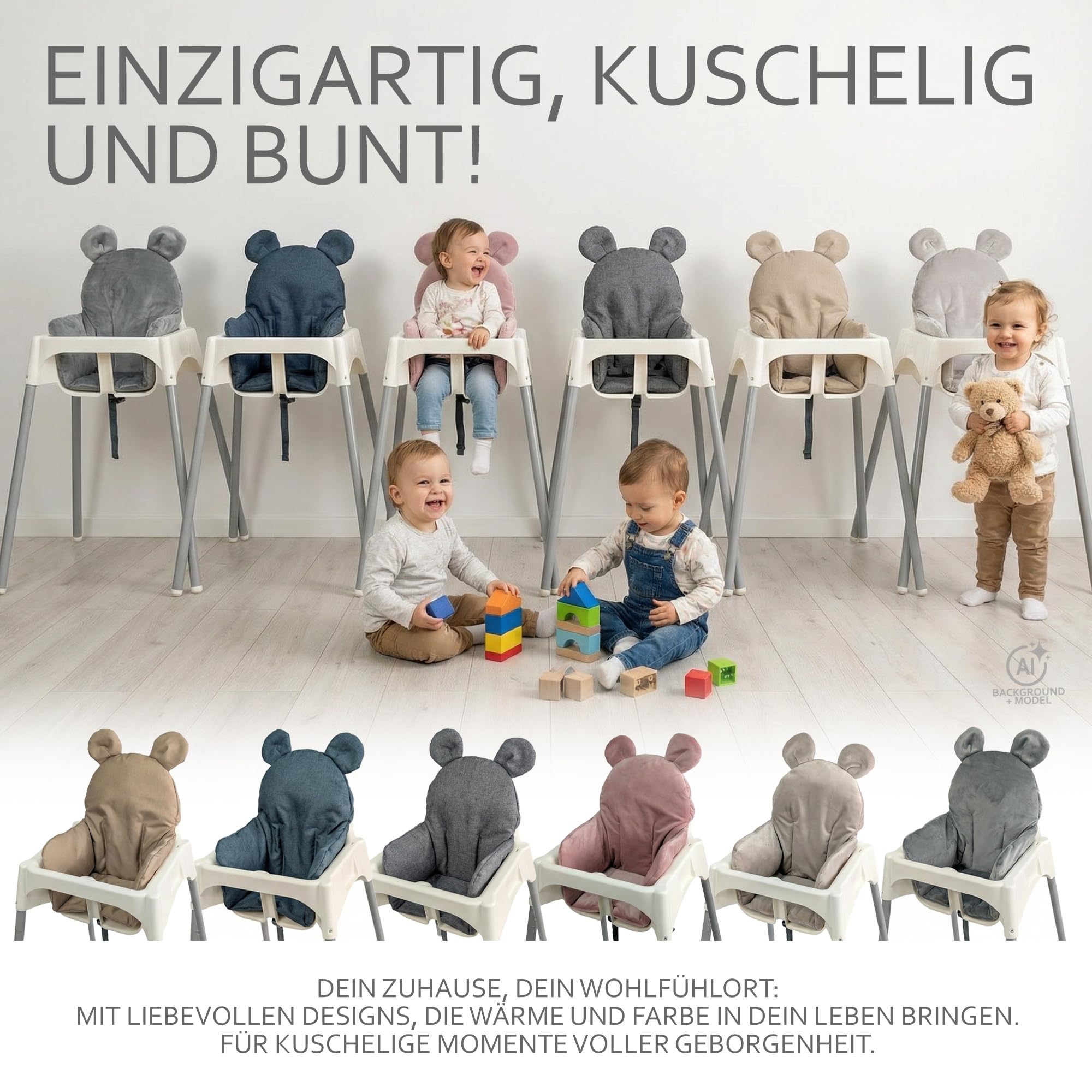 Sitzbezug für Ikea Antilop Hochstuhl, Dunkelgrau meliert Teddy | Sitzverkleinerer, Kissen, extra weich, waschbar, langlebig