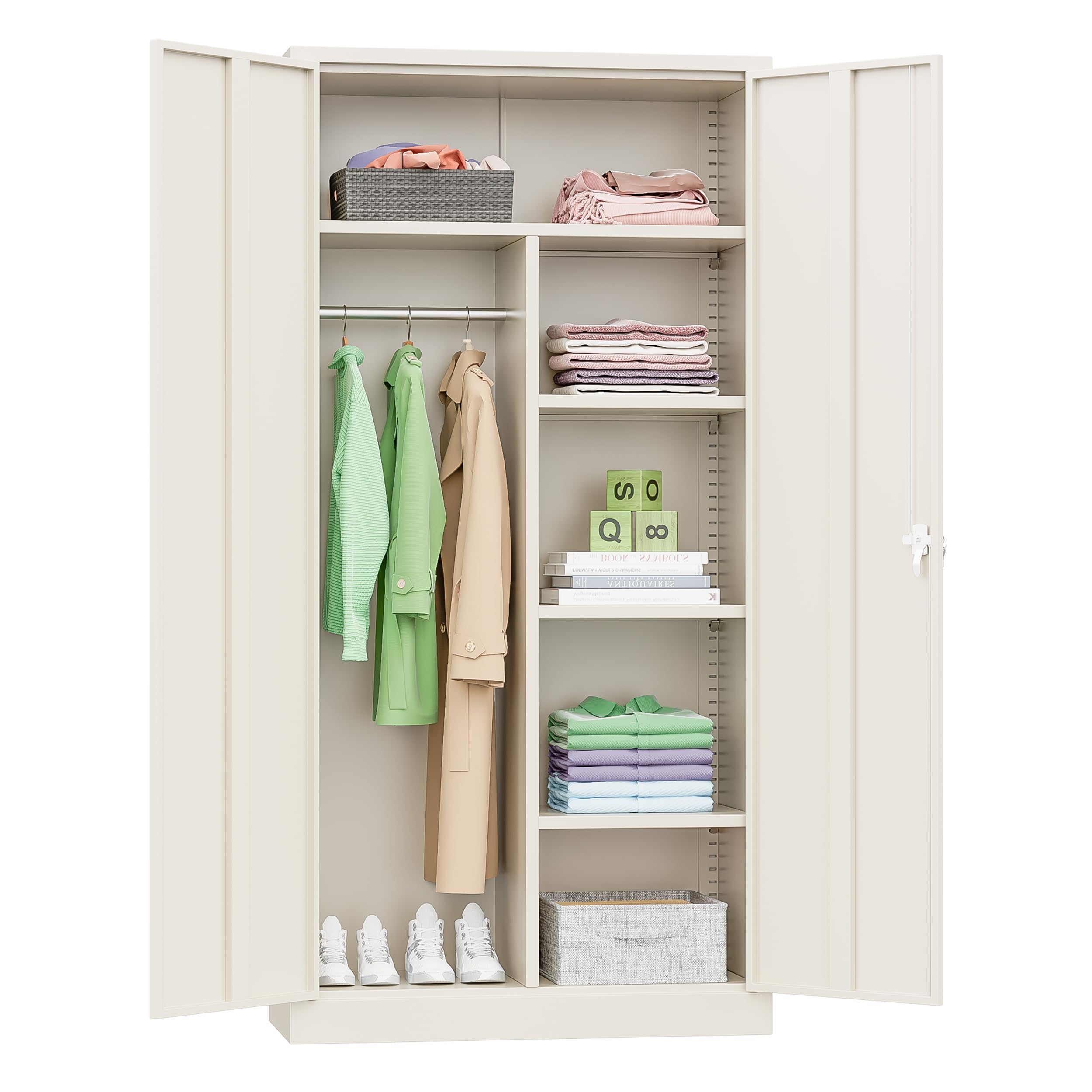 INTERGREAT Metal Wardrobe Closet, 72" Locking Storage Wardrobe Cabinet with Doors and Shelves, 18" D x 36" W Steel Clothes Storage for Office, Home, School, Gym (Warm Grey)