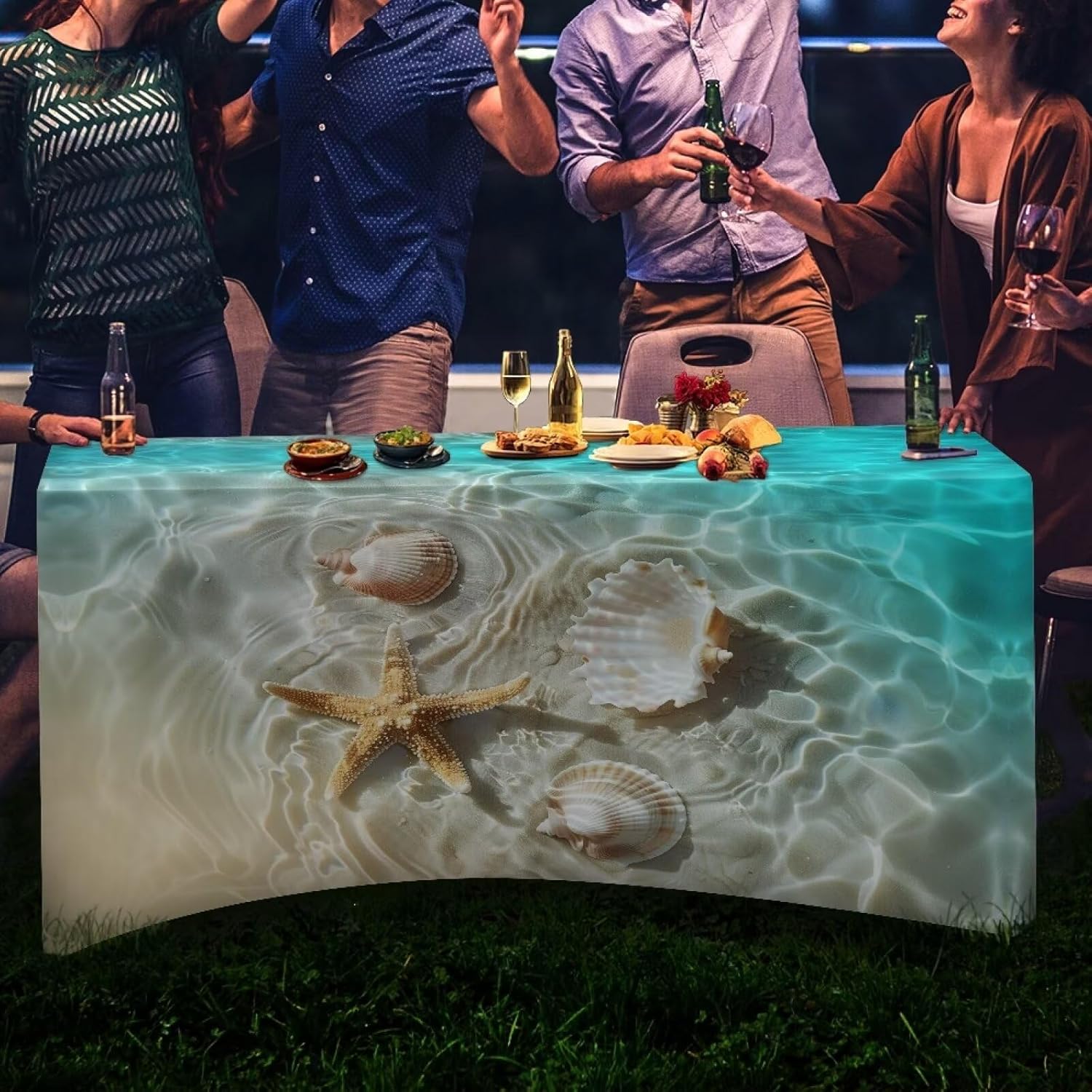 Beach Starfish 6FT Table Cloth for Rectangle Table Stretch Spandex Fitted Tablecloths for 6 Foot Folding Tables Prorection Cover for Party Supply Birthday Cocktail Festival Display Decor