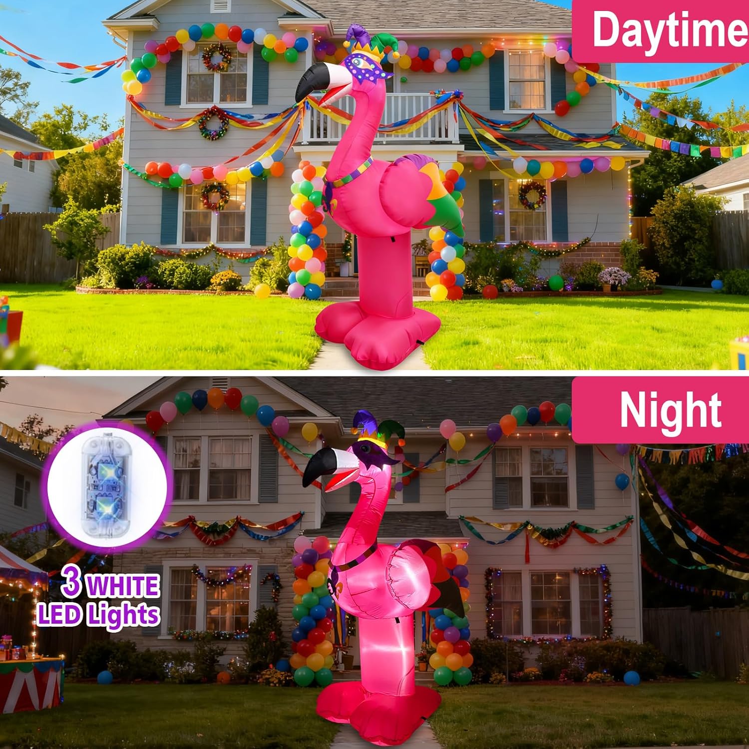 6FT Tall Mardi Gras Inflatable Decoration Flamingo with Crown Necklace Built-in 3 LED Lights Blow up Flamingo for Mardi Gras Yard Garden Outdoor Decoration - Image 4
