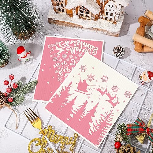 Miniatura 10 de Whaline 6 paños de cocina suecos de Navidad rojo y blanco árbol de Navidad copo de nieve reno de cocina toalla de cocina de algodón reutilizable