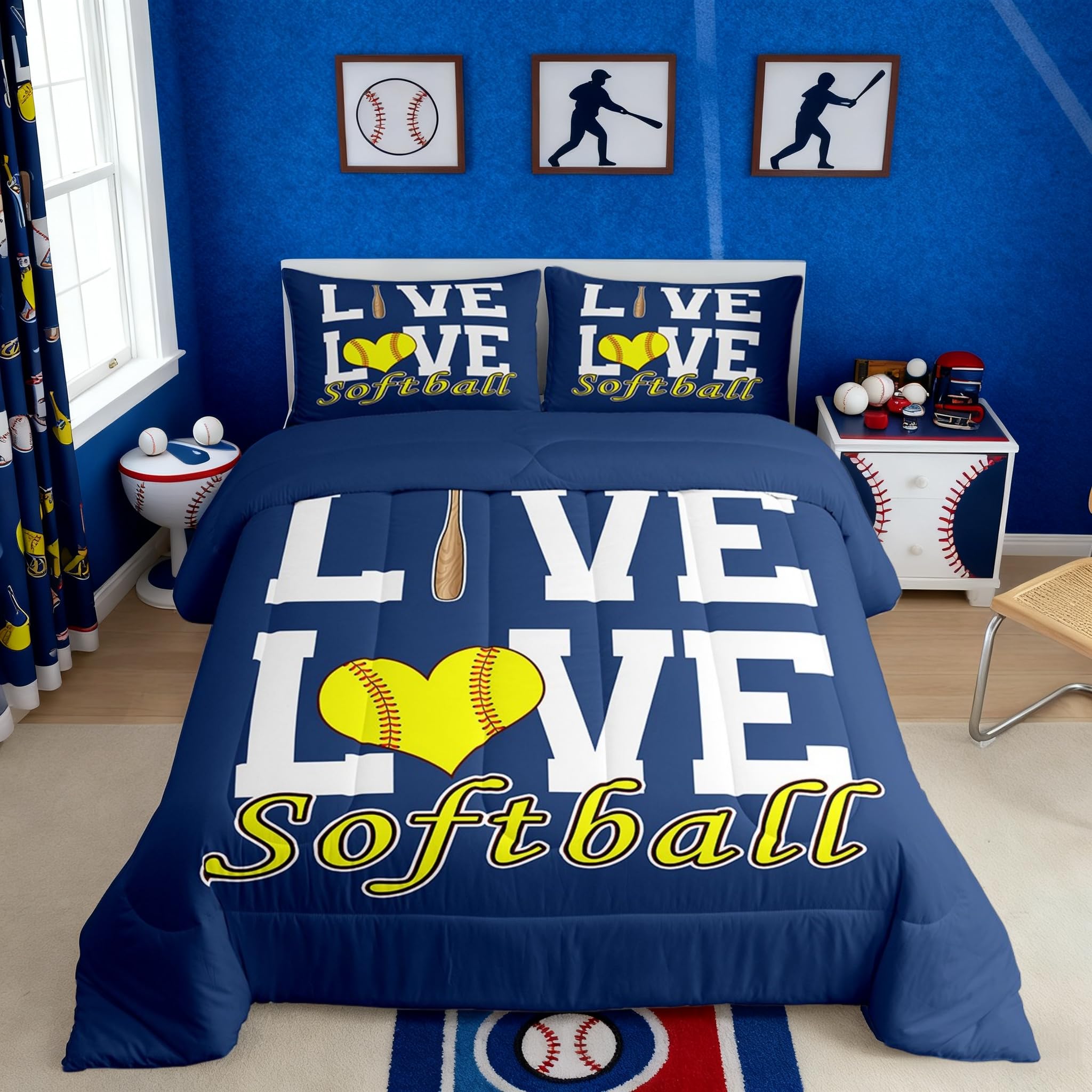 Castle Fairy Softball Full Size Comforter Set,Sports Theme Bedding Set for Adults Teens,Children Abstract Softball Comforter Luxury Yellow and Blue