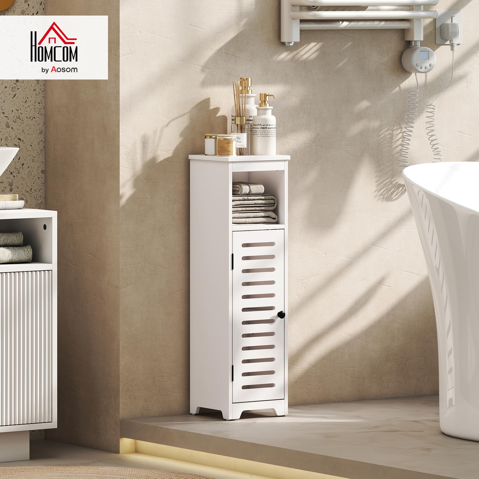 HOMCOM Armadietto bagno sottile porta persiana, ripiano aperto, bianco