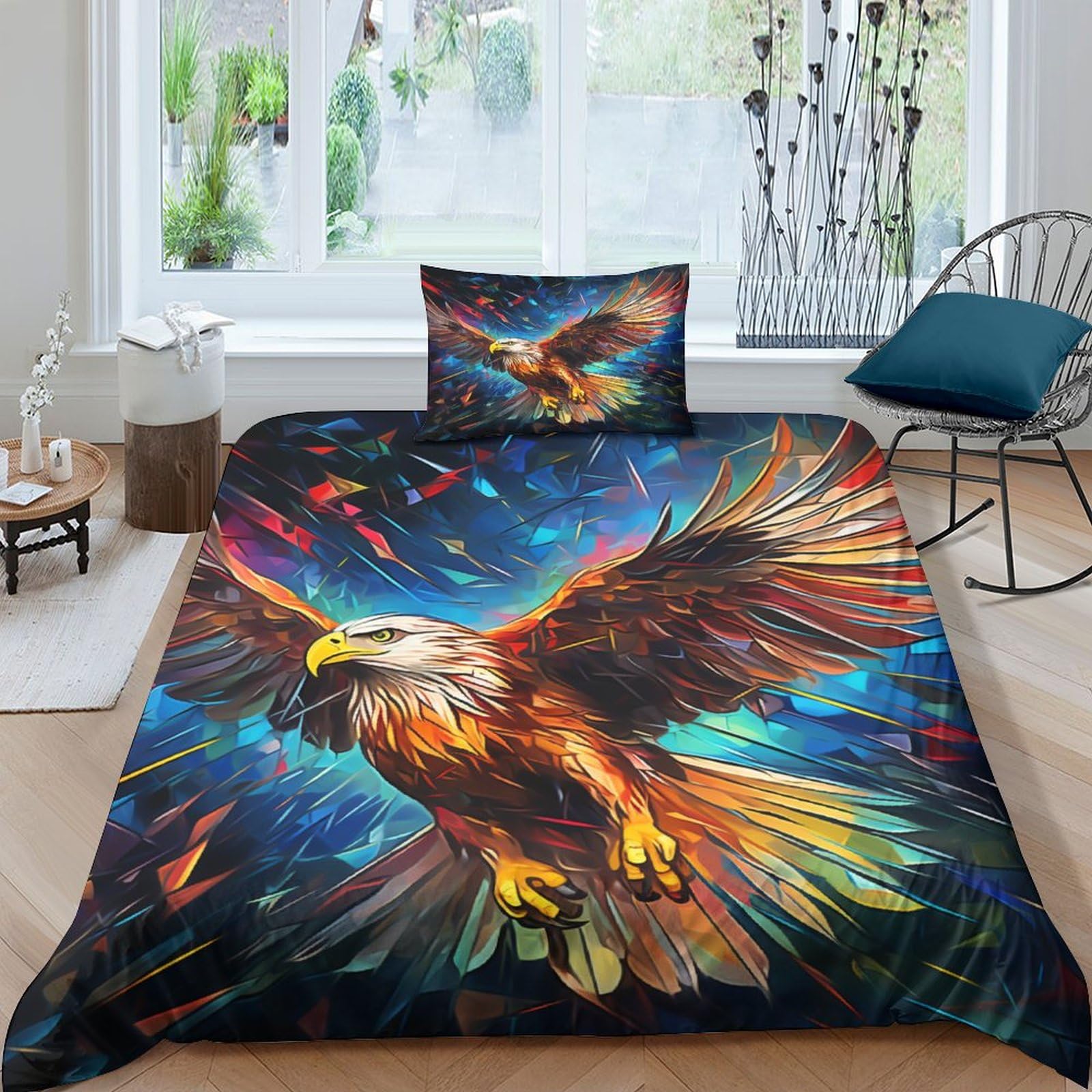 Housse de couette single imprimé 3d aigle respirante et thermorégulatrice en microfibre