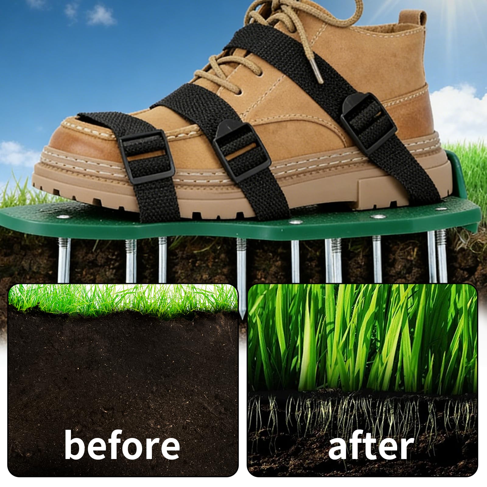 Chaussures aératrices de pelouse, chaussures à clous, pour aérateurs de pelouse et scarificateurs, avec fermeture et clous pré-montés, pour l'entretien du jardin et comme chaussures de chape