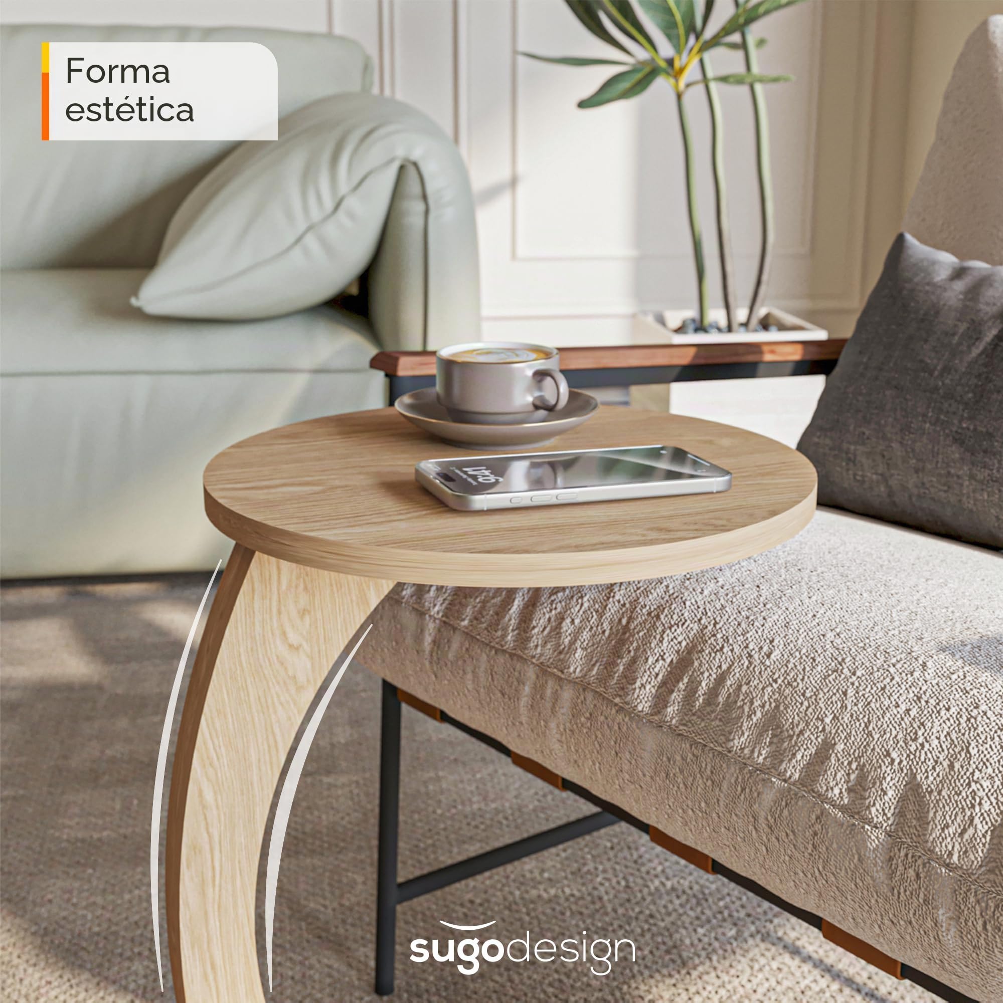 sugodesign Mesa Auxiliar con Ruedas, Pequeña Mesa de Café en Forma de C, Elegante Mesa Auxiliar en un Hermoso Efecto de Roble Natural, Mesa Redonda como Mesa de Sofá, Mesa de Sofá