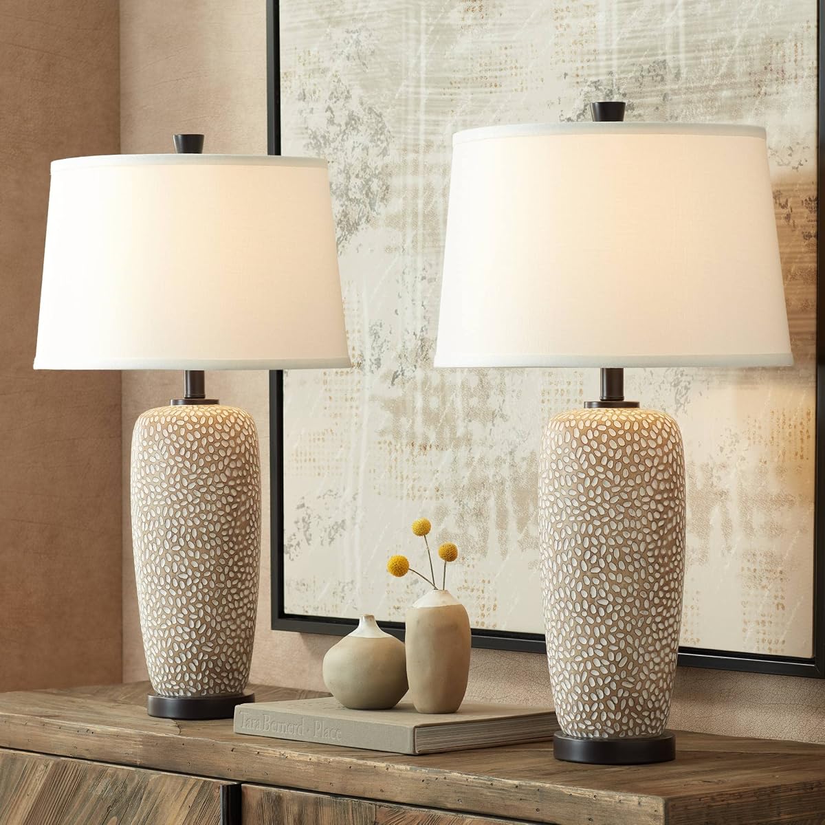 360 Lighting Modern Coastal Table Lamps Set of 2, 27.25" Tall, Beige Pebbled