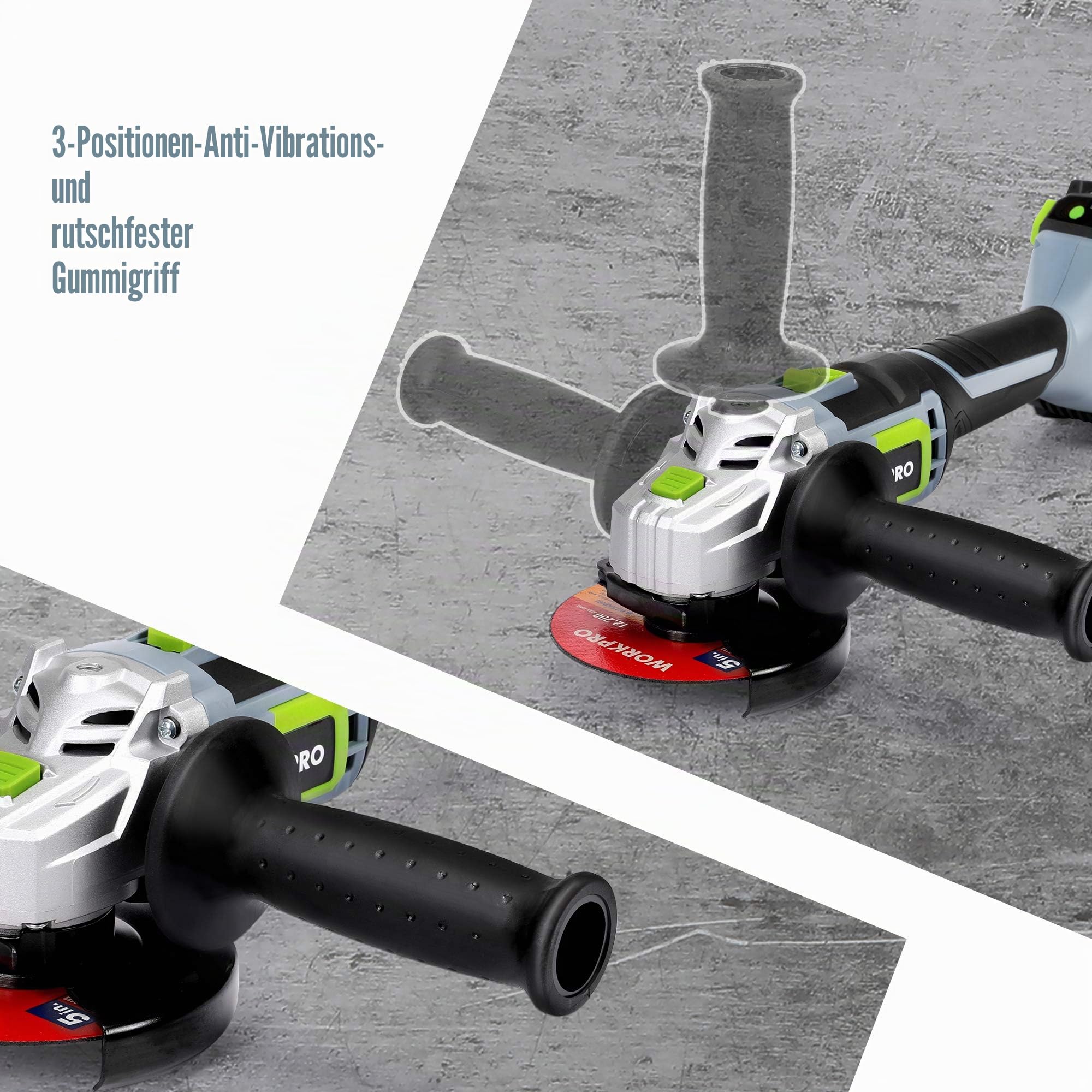 WORKPRO Winkelschleifer, kabellos, 20 V, mit Akku 4,0 Ah, Ø125 mm, elektrischer Schleifer, kabellos, leicht, mit 5 Trennscheiben, 2 Schutzkappen, Schnellladegerät und Hilfsgriff | elektrischer Schleifer, kabellos, leicht, mit 5 Trennscheiben, 2 Schutzkapp