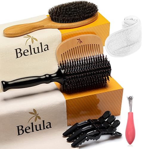 Belula Añade brillo, textura y volumen a tu juego de cabello. Juego de cepillos de pelo de cerdas de jabalí 100% y cepillo redondo pequeño de cerdas