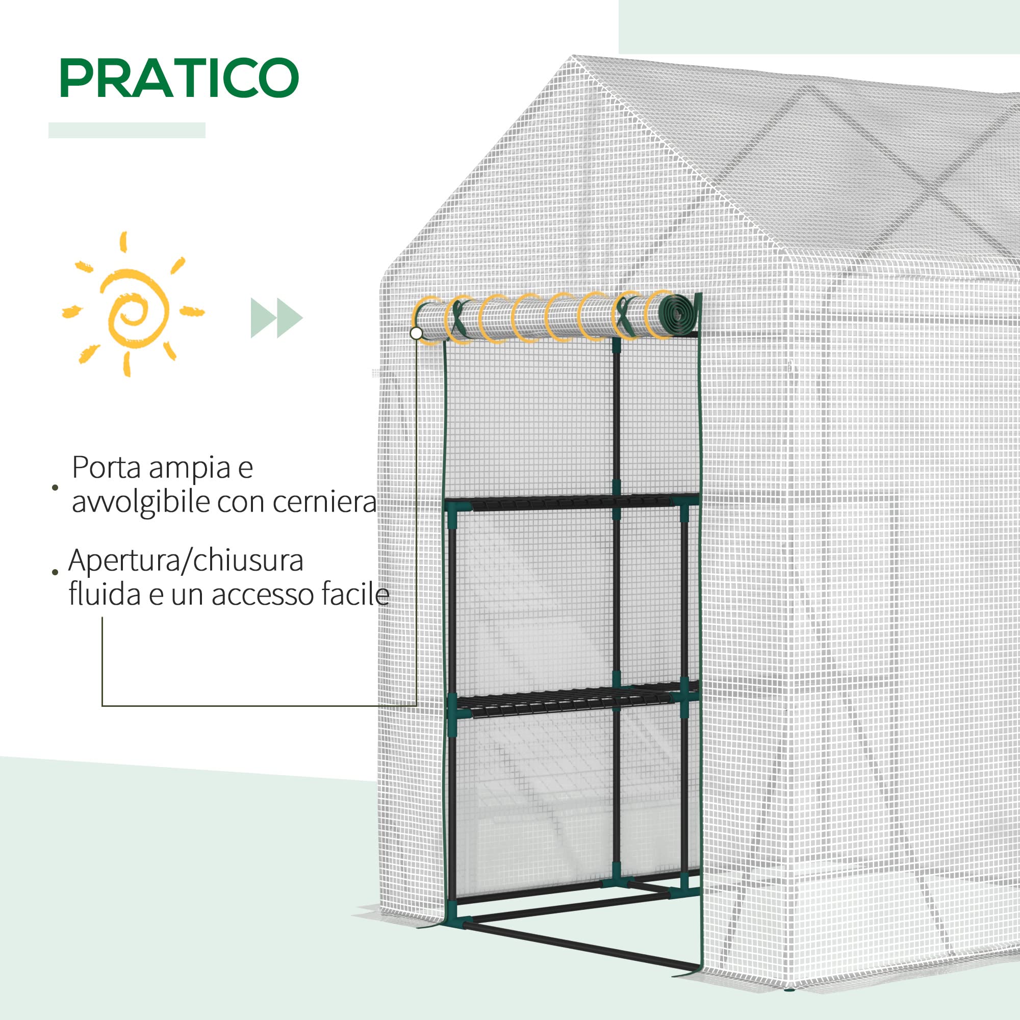 Outsunny Serra da Giardino in Acciaio e Copertura PE, Serra da Balcone per Piante con 2 Scaffali e Porta Avvolgibile, 143x143x195cm, Bianco