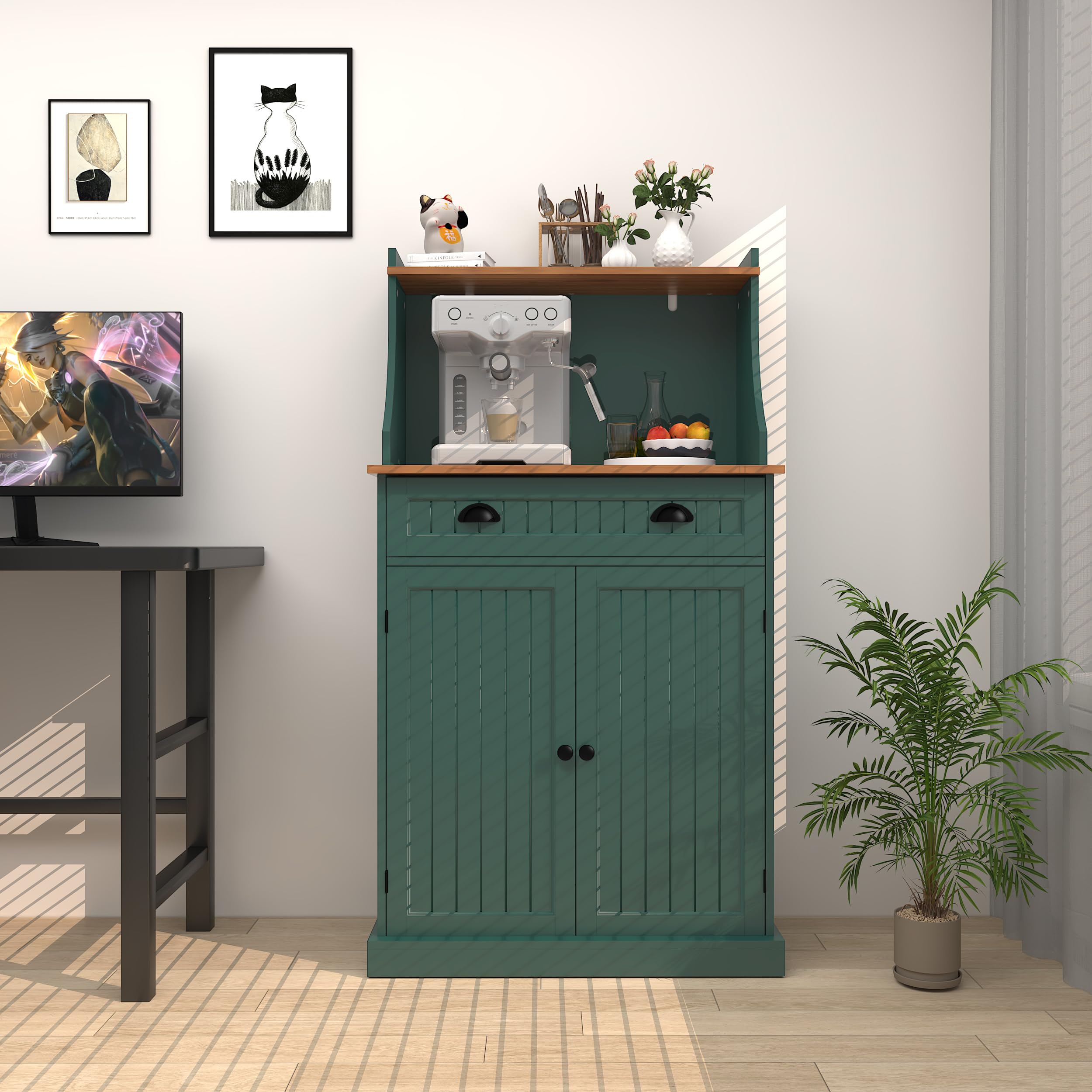 HOLTICO Armadio Multiuso per Cucina con Spazio Microonde, Mobile Salvaspazio Verde con Ripiano Regolabile, Adatto per Soggiorno, Camera da Letto, Sala da Pranzo e Garage, verde