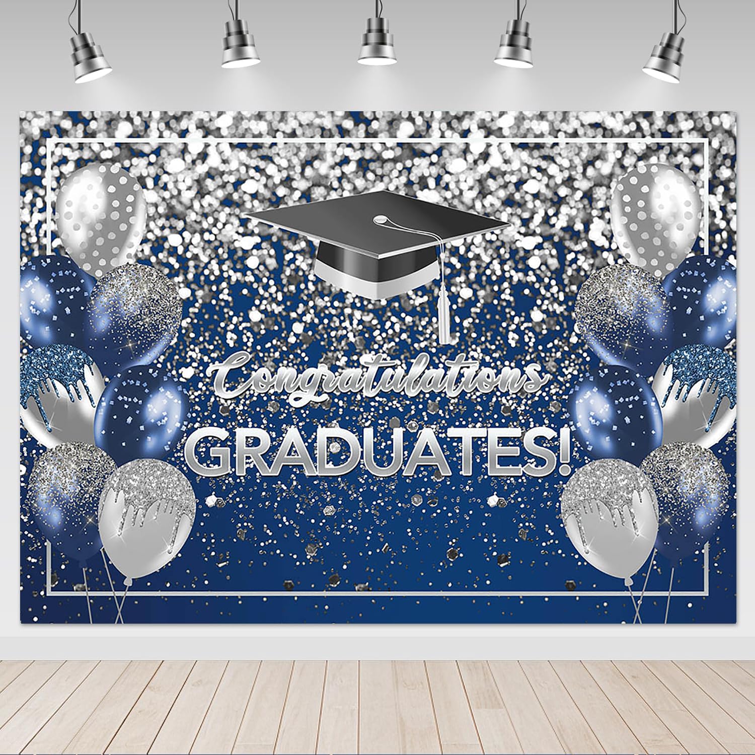 Mocsicka Graduation Backdrop 7x5ft - Blue Silver Congratulations Graduates Party Decorations Background, Class of 2026 Graduation Photography Backdrop