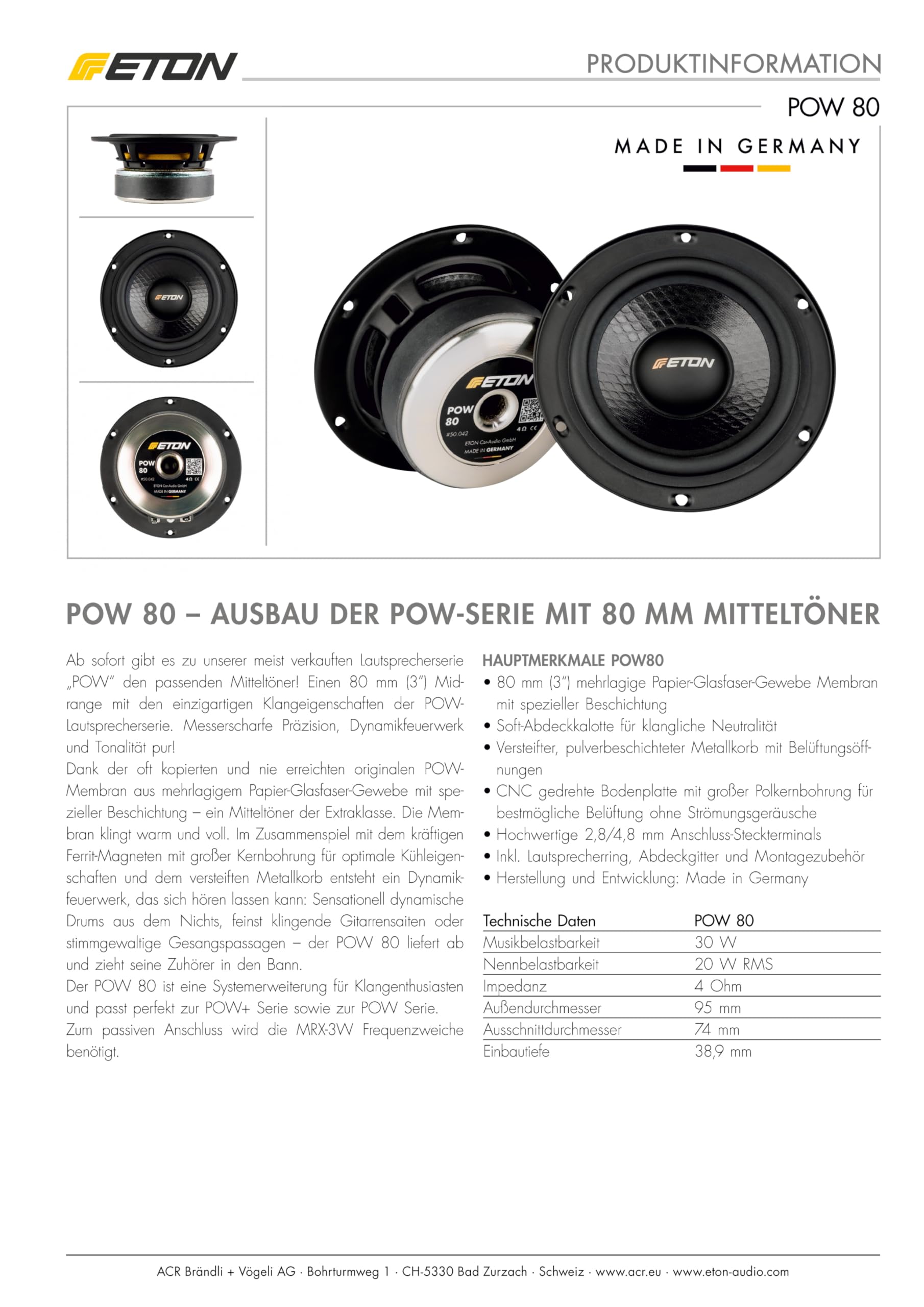 ETON POW 80 – Klangstarker 80 mm (3“) Mitteltöner, Auto Lautsprecher mit kräftigem Ferrit-Magneten, Sound System Ergänzung POW- / POW+ Serie, 1 Paar
