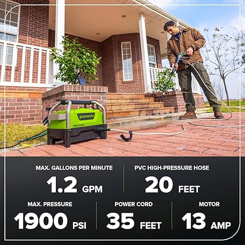 Miniatura 3 de Greenworks 1900 PSI (Certificado SGS) 1.2 GPM Lavadora eléctrica a presión portátil compacta de 13 amperios, lavadora de alta presión para
