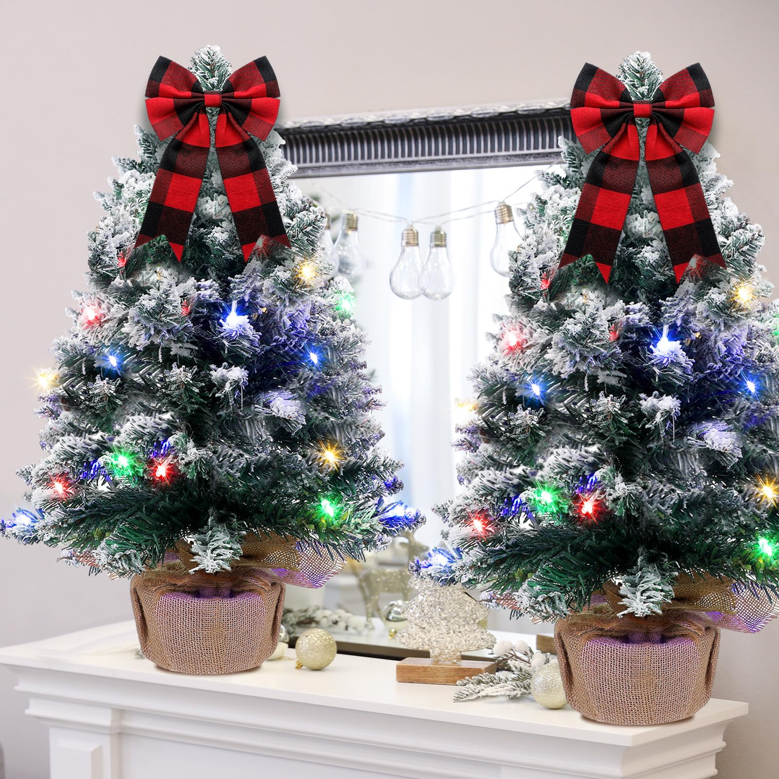 Lenwen 4 Pack 22 Inch Lighted Christmas Tree Thick Prelit Christmas Tree Battery Operated Spruce Tree with Burlap Base for Seasonal Fireplace Indoor Home Decor(Snowy Flocked)