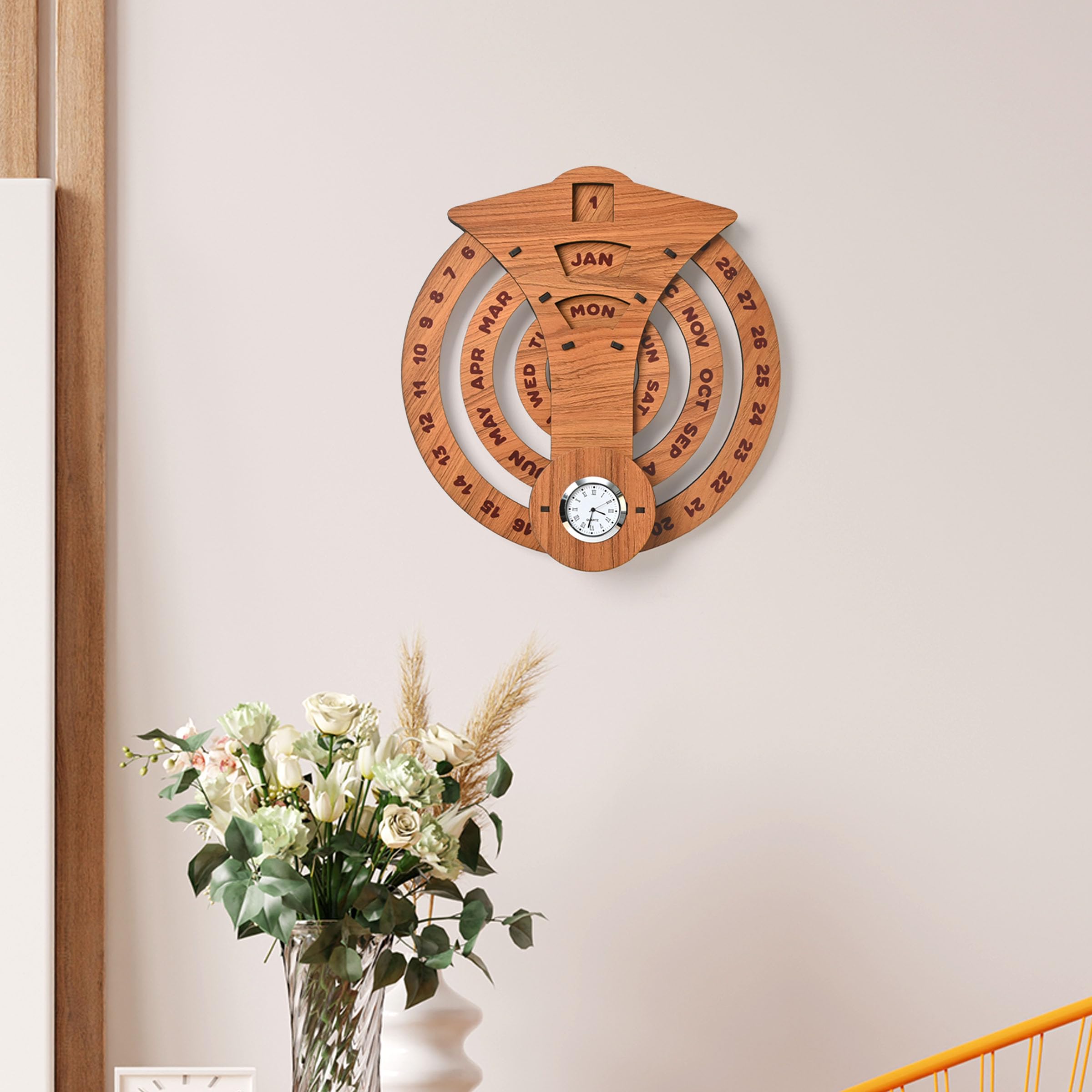 GKD Calendar 2026 Wall Hanging Perpetual Calendar with Clock Wooden Circular Round Shape Calendar for Infinite Lifetime Best for Wall Decor and New Year Gifts (Dark Wood)