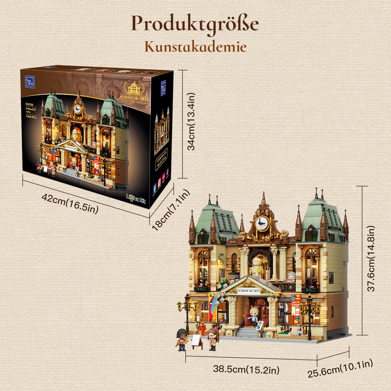 PANTASY Kunstakademie, modulares Klemmbausteine Set | 3-stöckige europäische Kunstschule mit detailreichen Ateliers und Innenräumen für modulare Straßenszenen