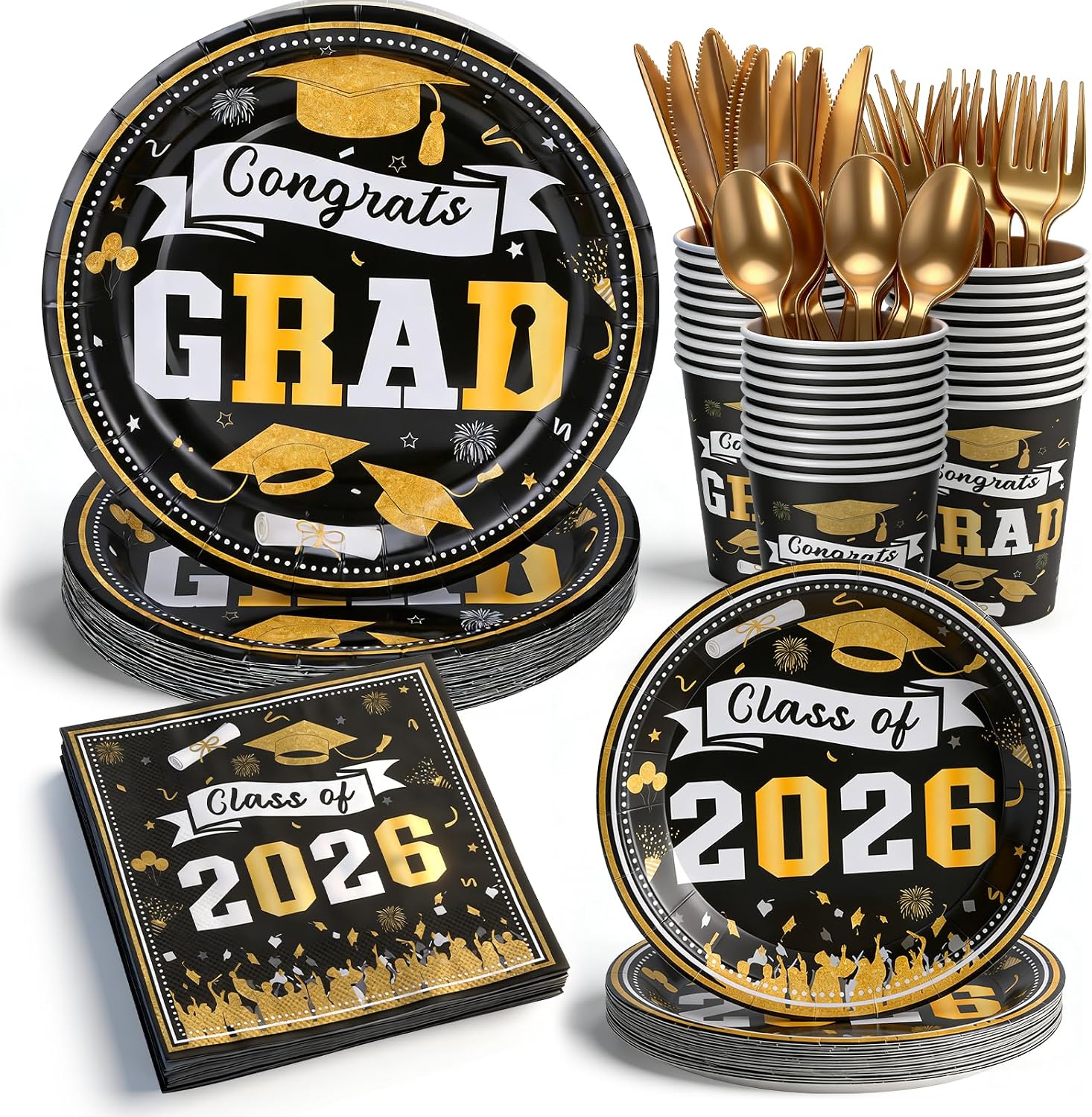 Black and Gold Graduation Plates and Napkins Set for 30 Guests