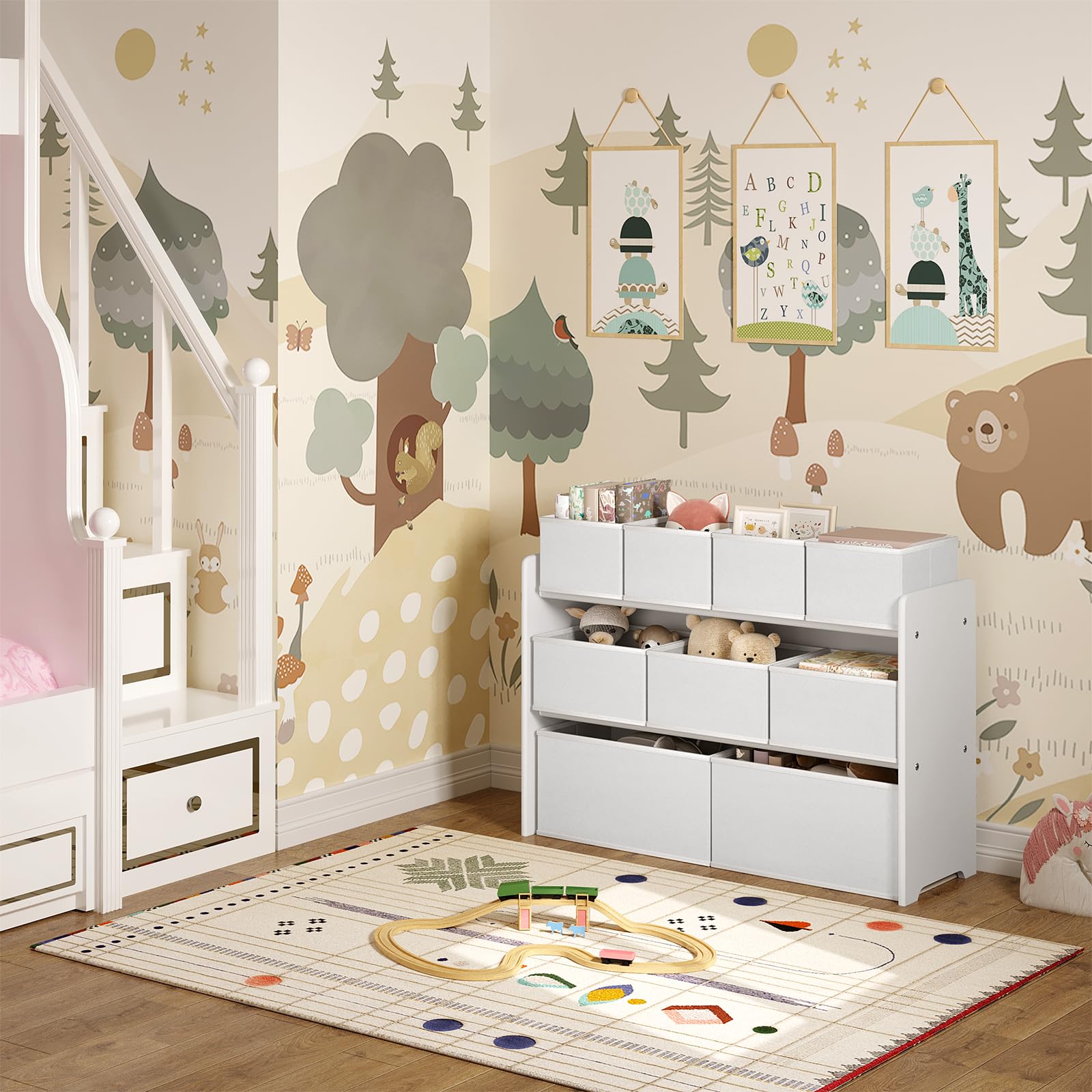 Lestarain Meuble Rangement Enfant, Rangement Jouet Enfant, 9 Boîtes Amovible en Tissu Non-tissé, Blanc, 92x30x60/68cm